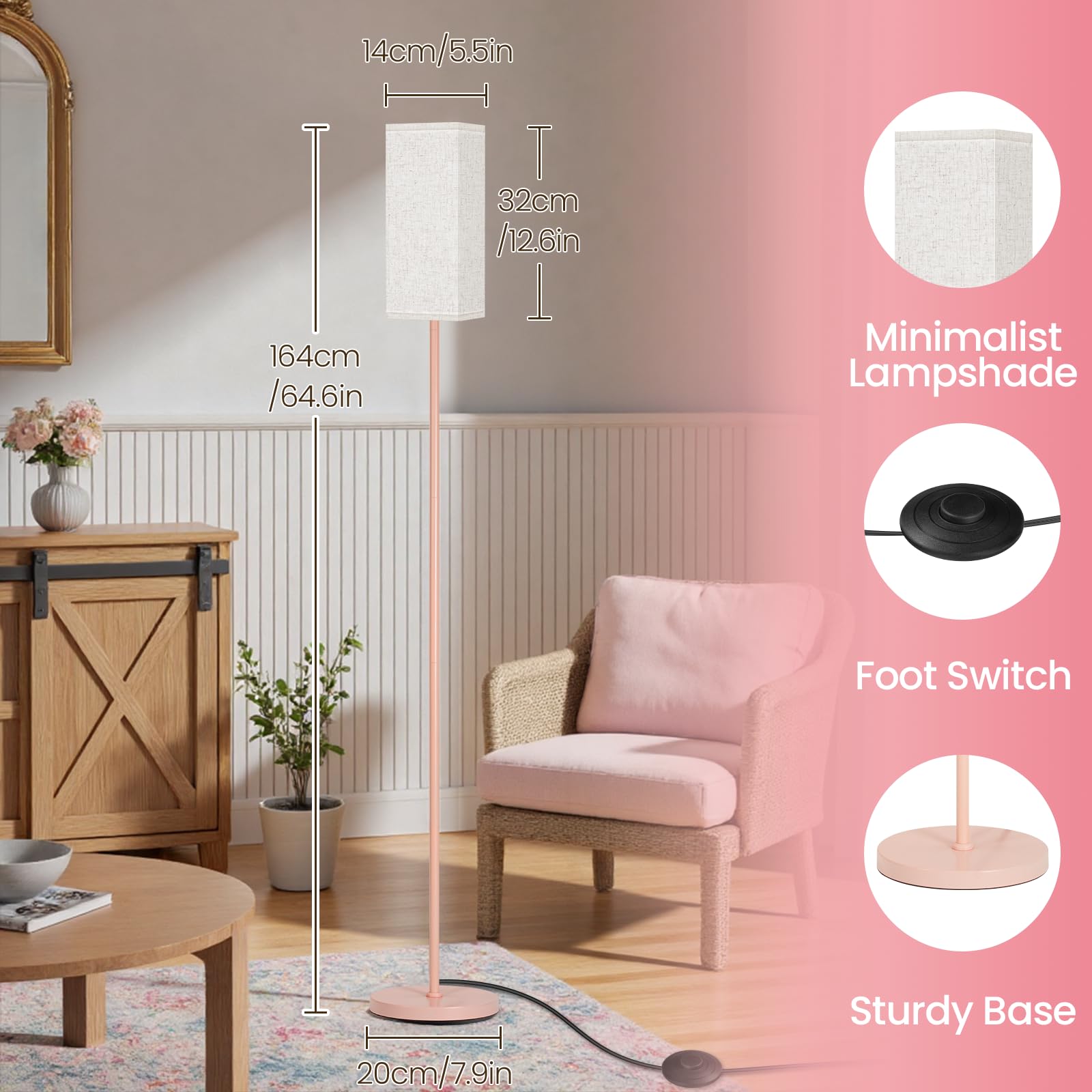 GOEBLESON Floor Lamp, Modern Standing Lamp with Foot Switch, Metal, 64.6in, Beige + Pink, Model PE07LD05, ETL Listed