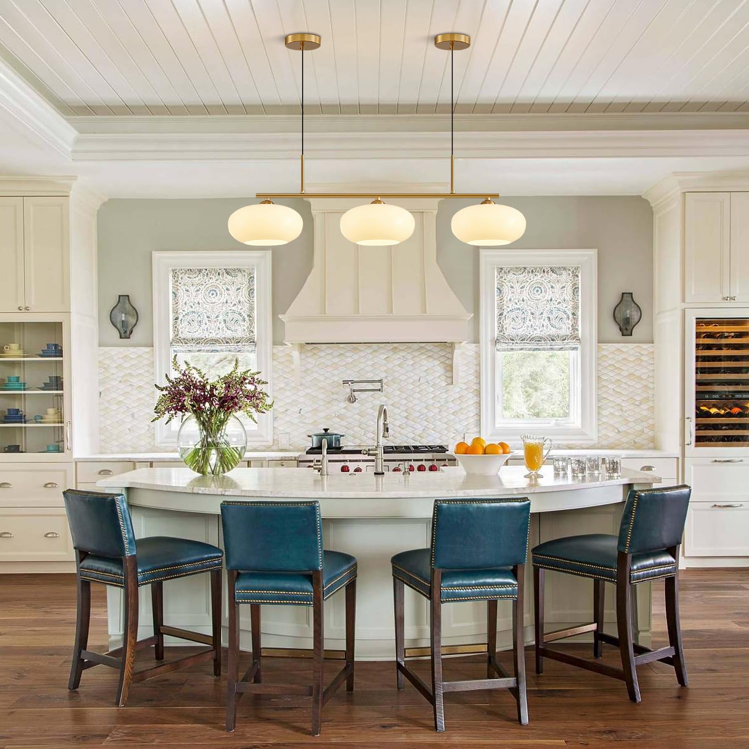 KCO 3 Light Linear Pendant Lighting Milk Glass Brass Gold Modern Chandelier Fixture L1142-G