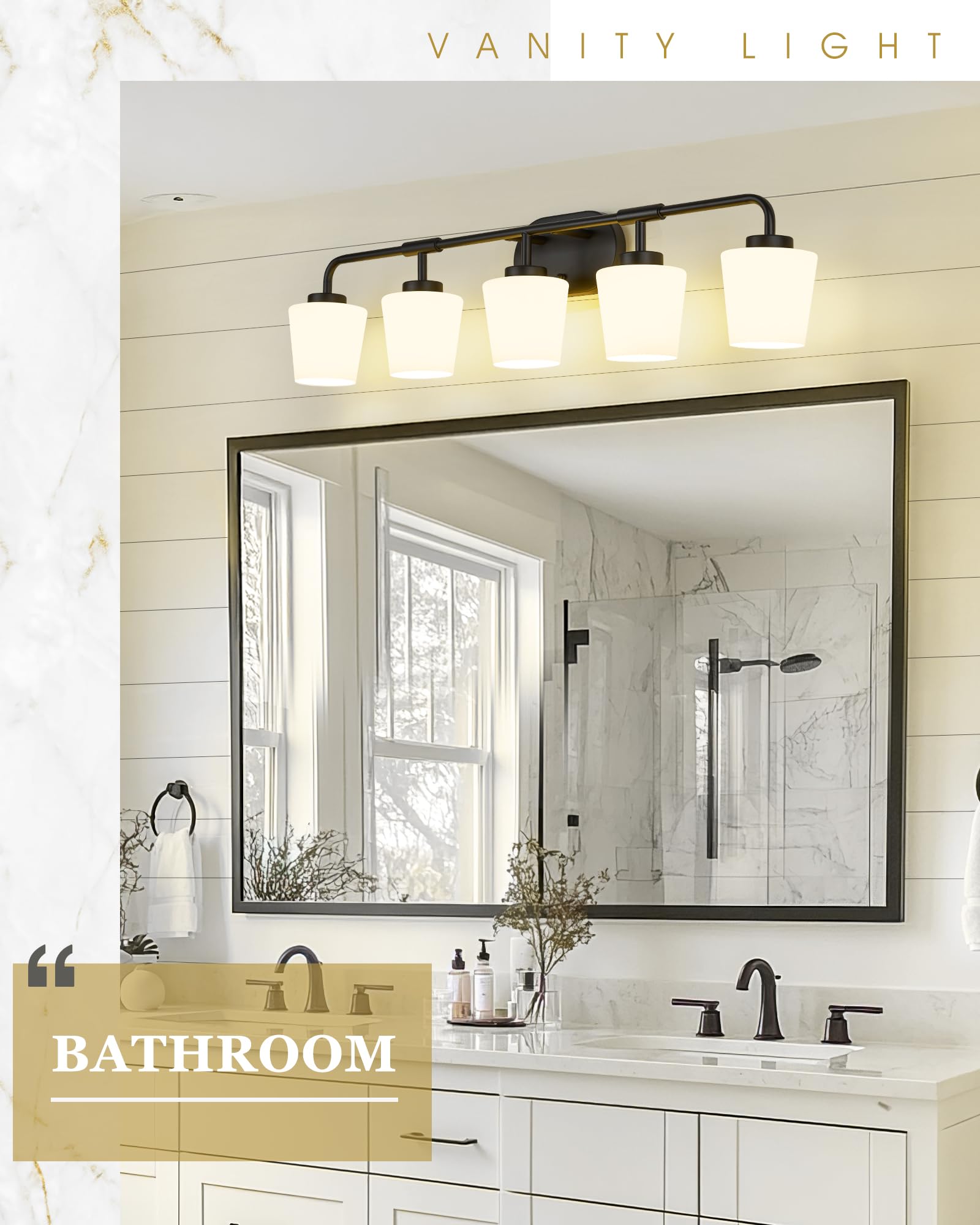 Audickic Bathroom Light Fixtures Over Mirror, 5-Light Matte Black Vanity Lighting Fixtures With Milk White Glass, 38Inch Farmhou