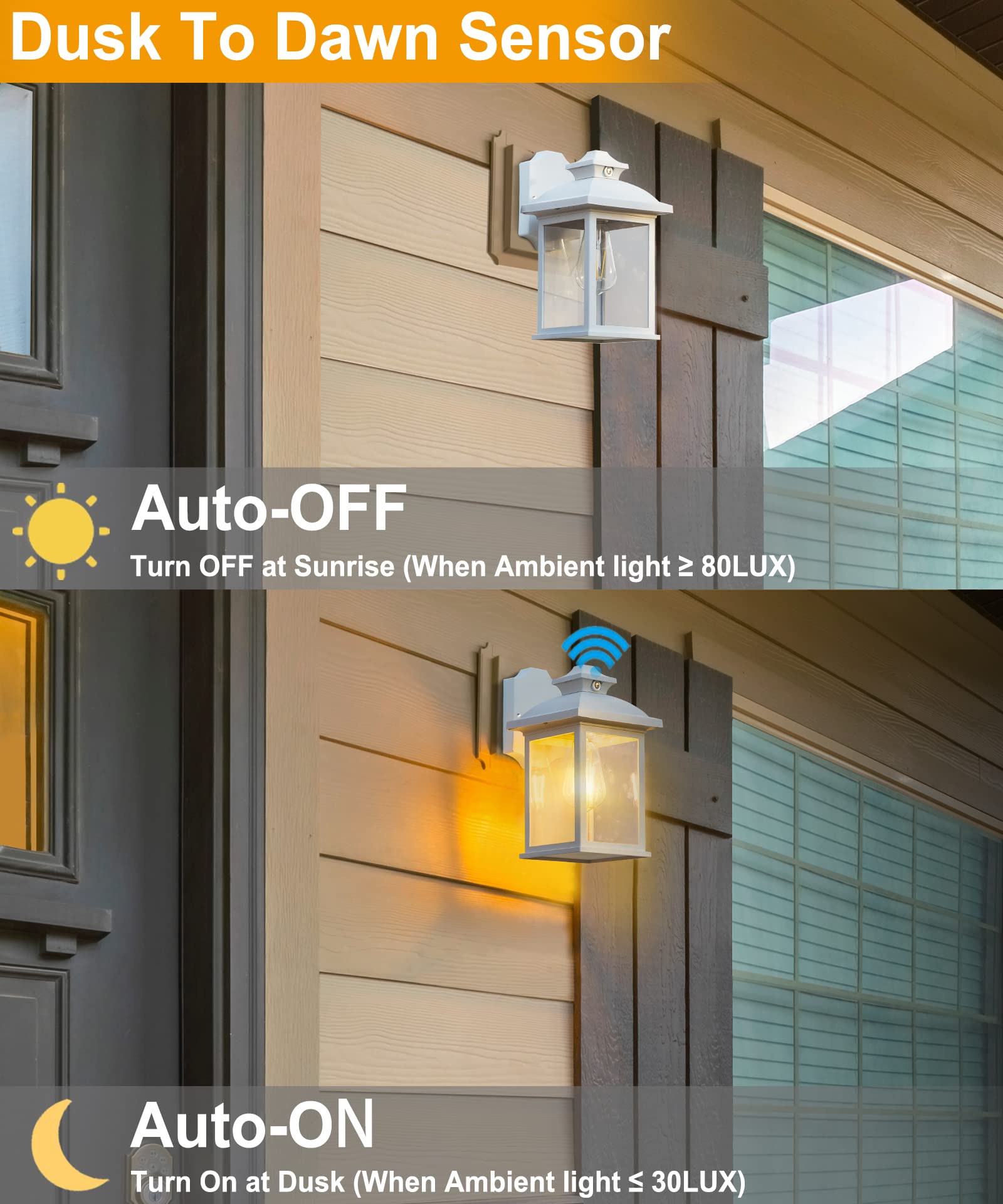 FUDESY Outdoor Wall Lantern, Dusk to Dawn Sensor, E26 Socket, 3000K LED Bulb, Plastic, White, Model FDS748EPSW, Size 748-