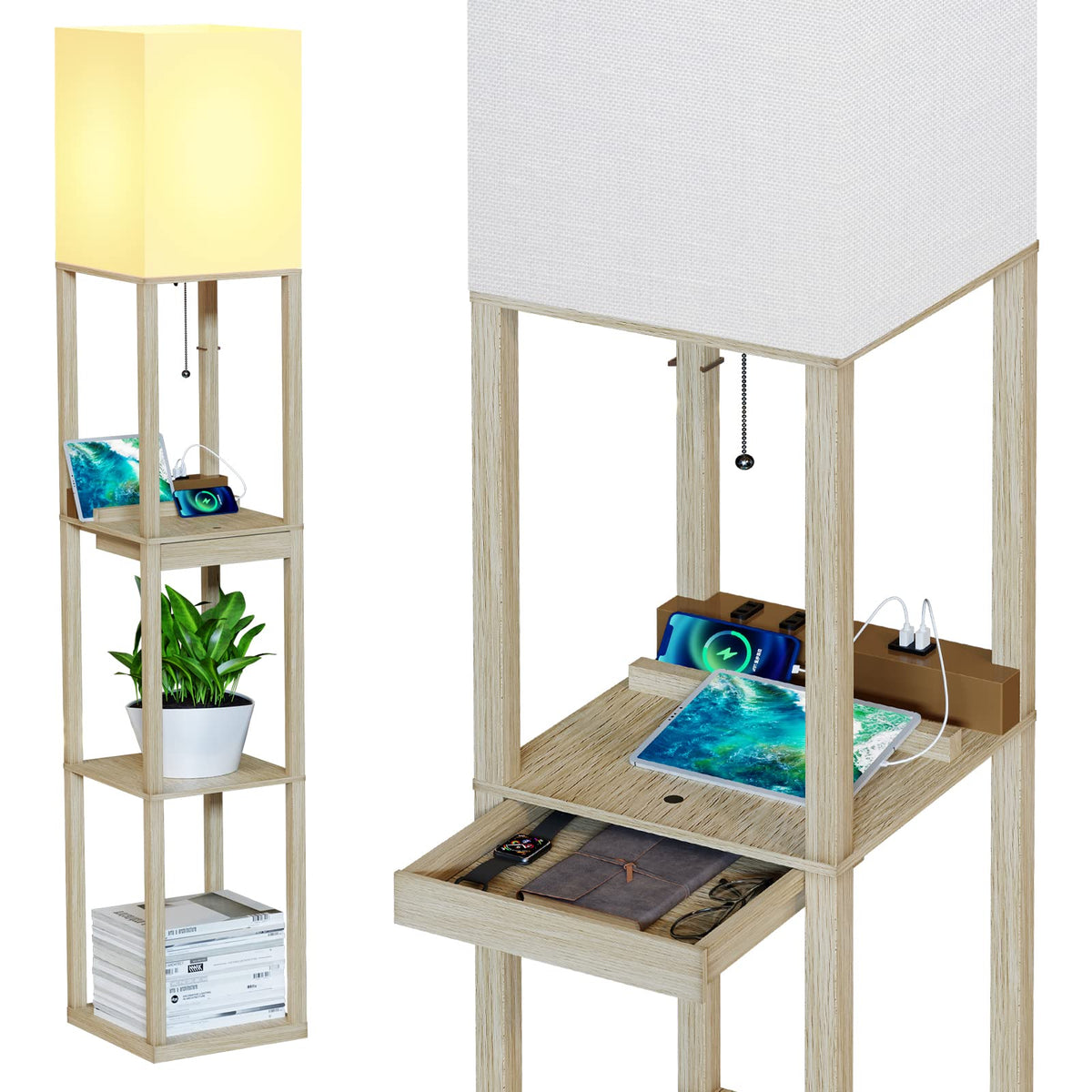 Sunmory Floor Lamp With Shelves,Modern Dimmable Wood Standing Lamp With 1 Drawer And 2 Usb Ports & 2 Power Outlet,Corner Tall Bo