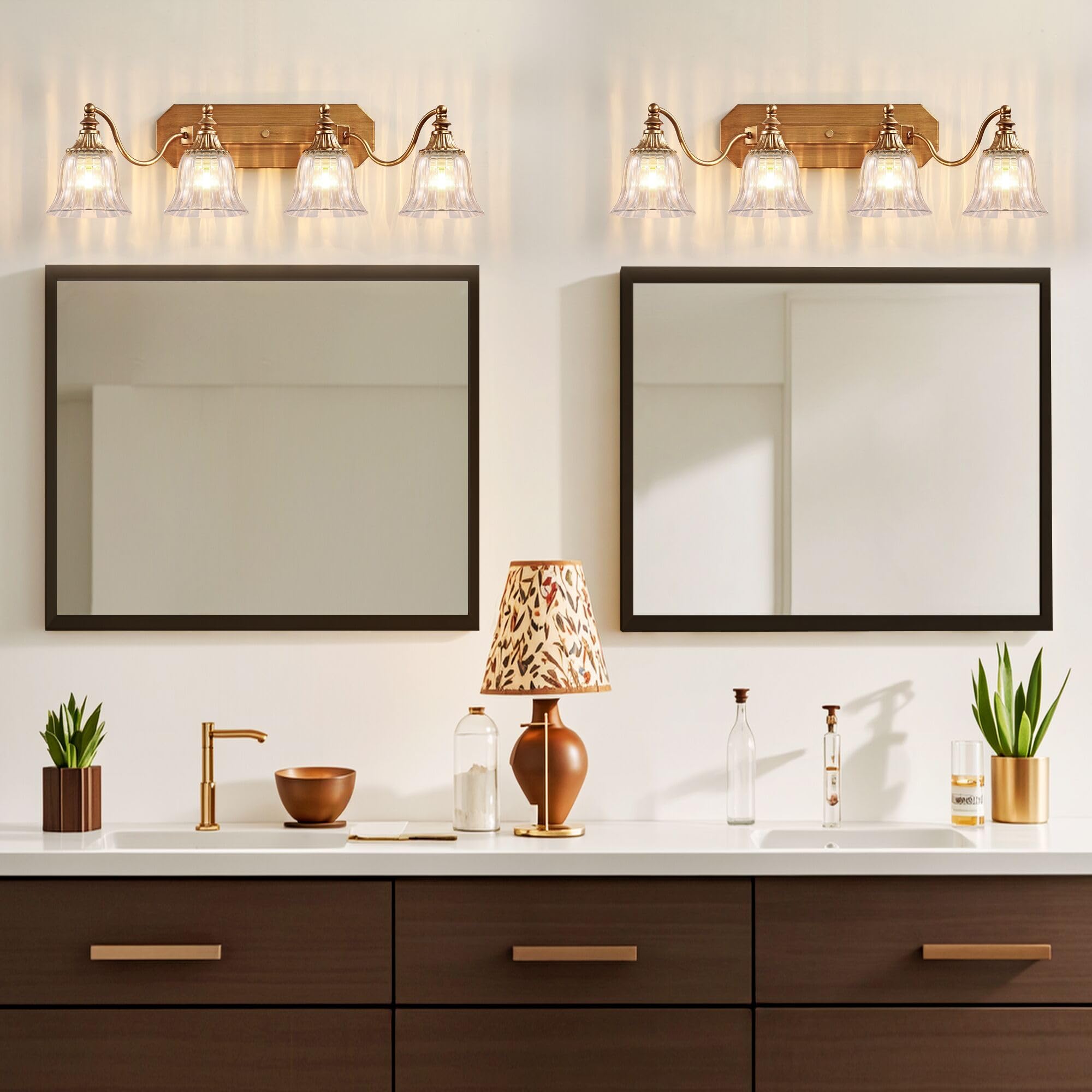 DvmTeom 4-Light Gold Vintage Bathroom Vanity Light Fixture, Antique Brushed Gold with Crystal Glass Shade, Model D6001