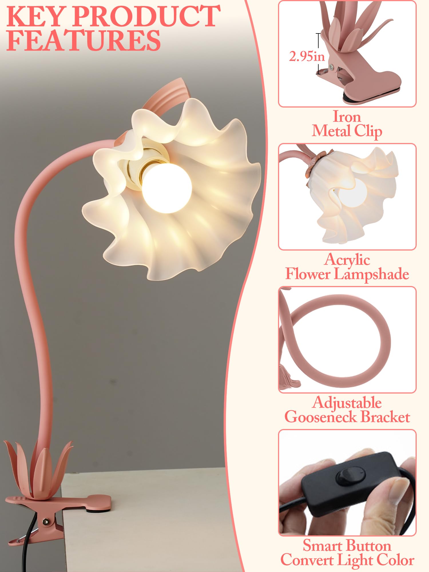 AQDZCNF Flower Clip Light, LED Desk Lamp, 360° Rotation, Vintage Design, Acrylic, Pink