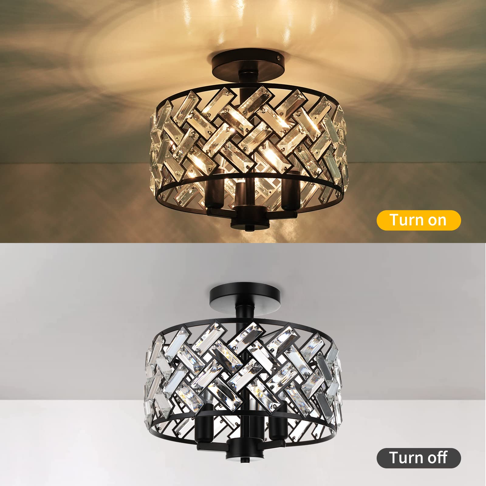 Frideko Home Semi Flush Mount Ceiling Light - 3-Light Crystal Ceiling Light Fixture Black Kitchen Light Fixtures For Bedroom Hal