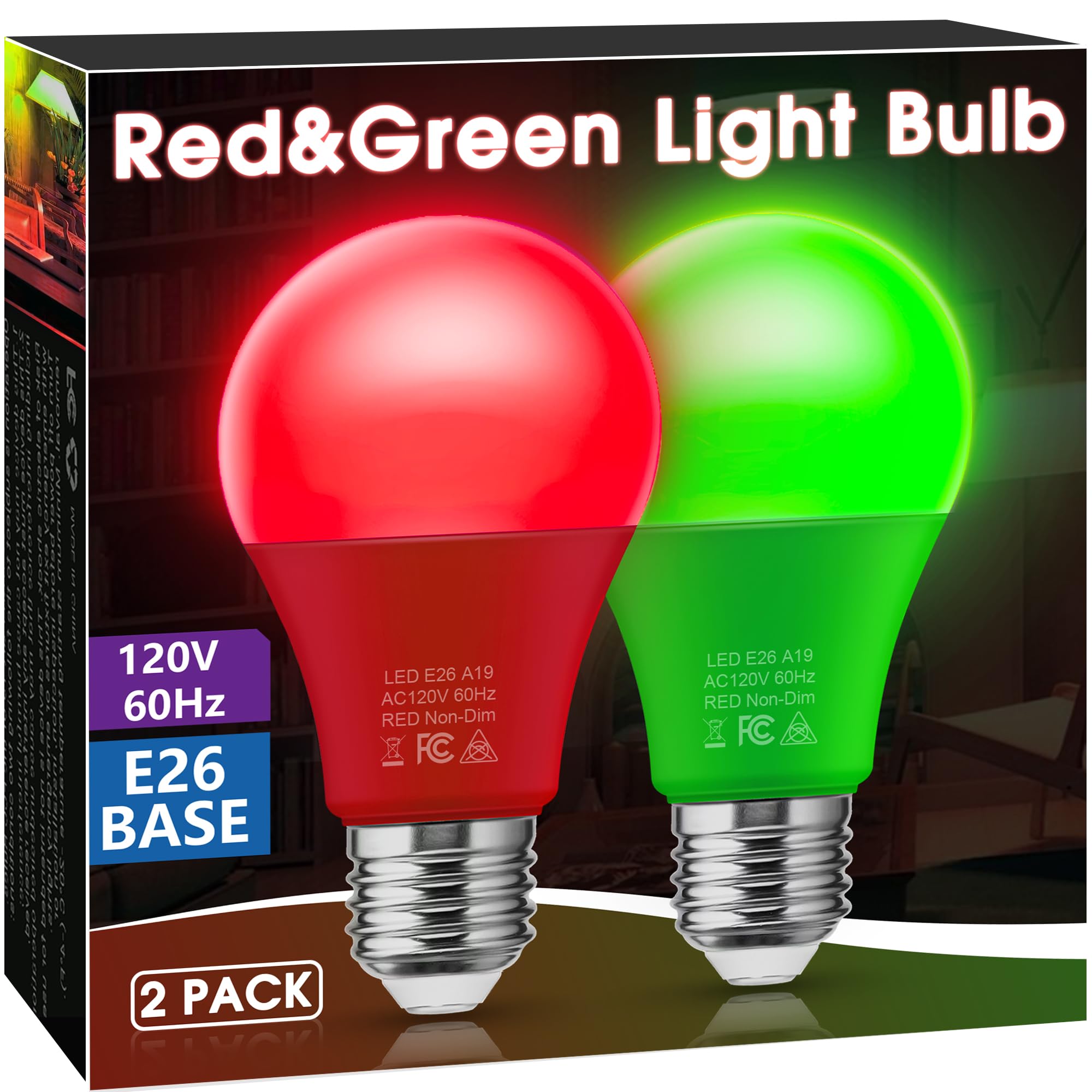 Red Green Light Bulbs [2 Pack], Christmas Light Bulbs, A19 Led Red Light Bulbs Outdoor, Green Light Bulbs 9W (60 Watt Equivalent