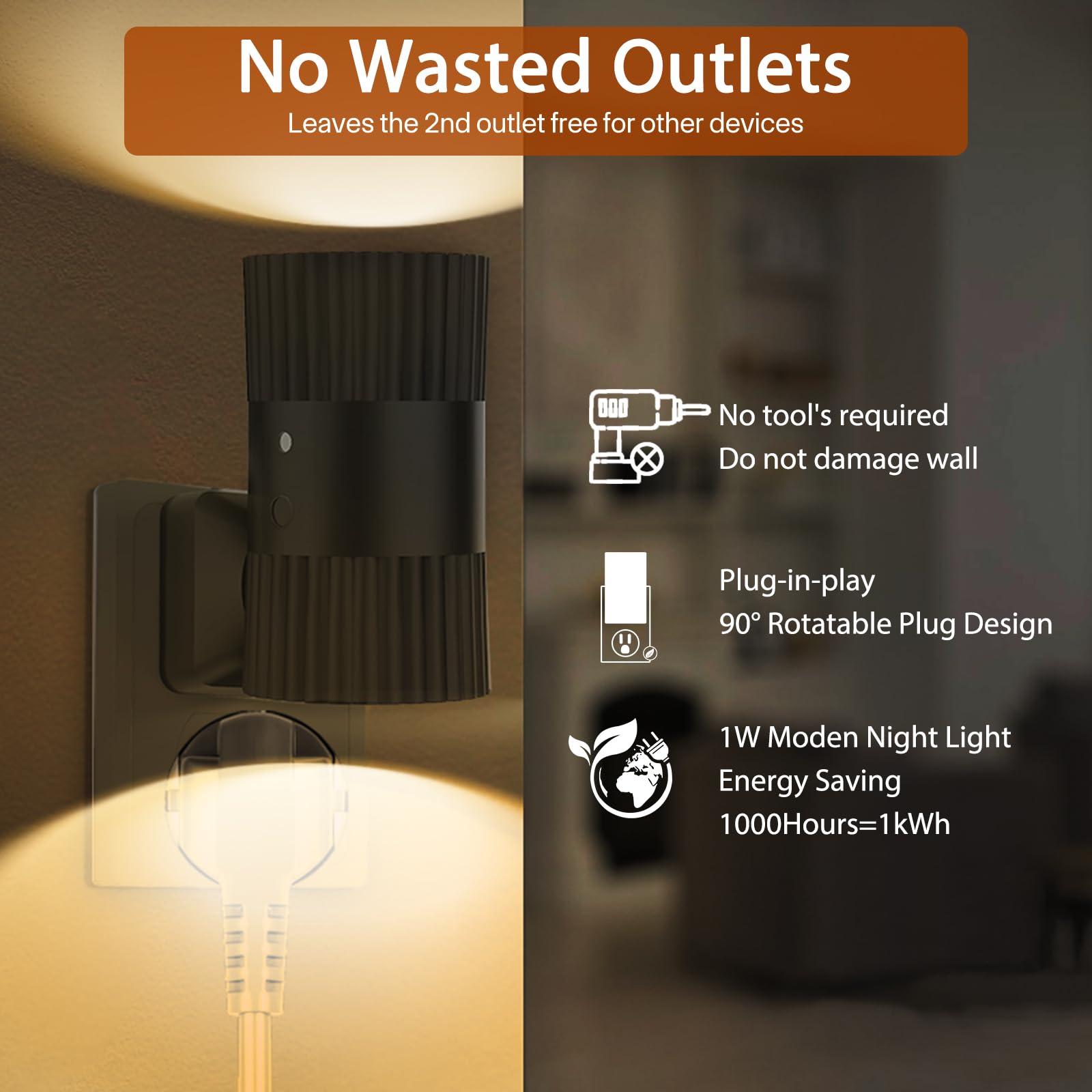 QQV Night Lights Plug into Wall, 90 Rotatable Plug in Night Light with Dusk to Dawn Sensor, 0-100LM Dimmable Wall Light, 3000K S