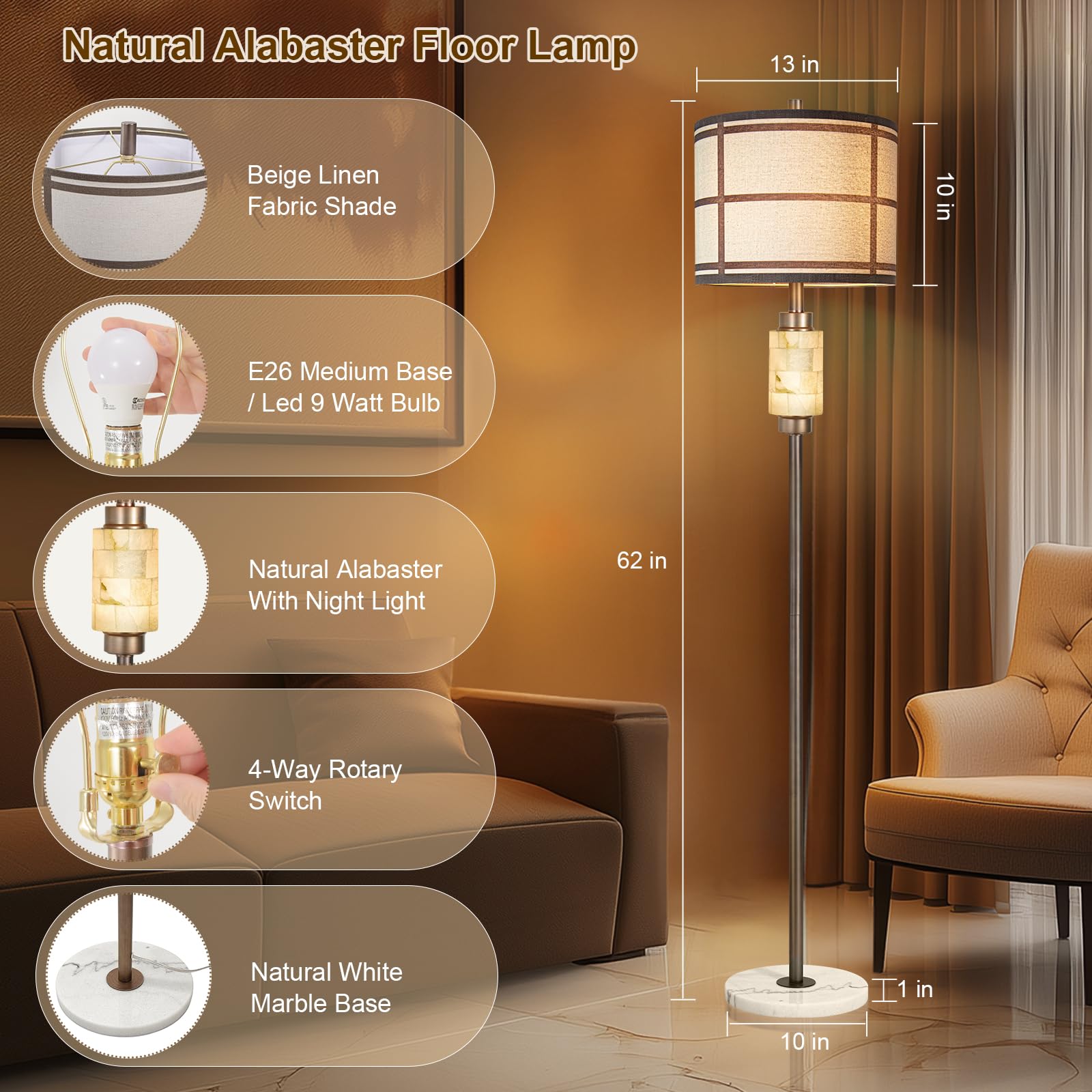 Natural Alabaster Modern Floor Lamp With Night Light,Rustic Floor Lamp For Living Room,Marble Base Tall Lamps With Linen Fabric