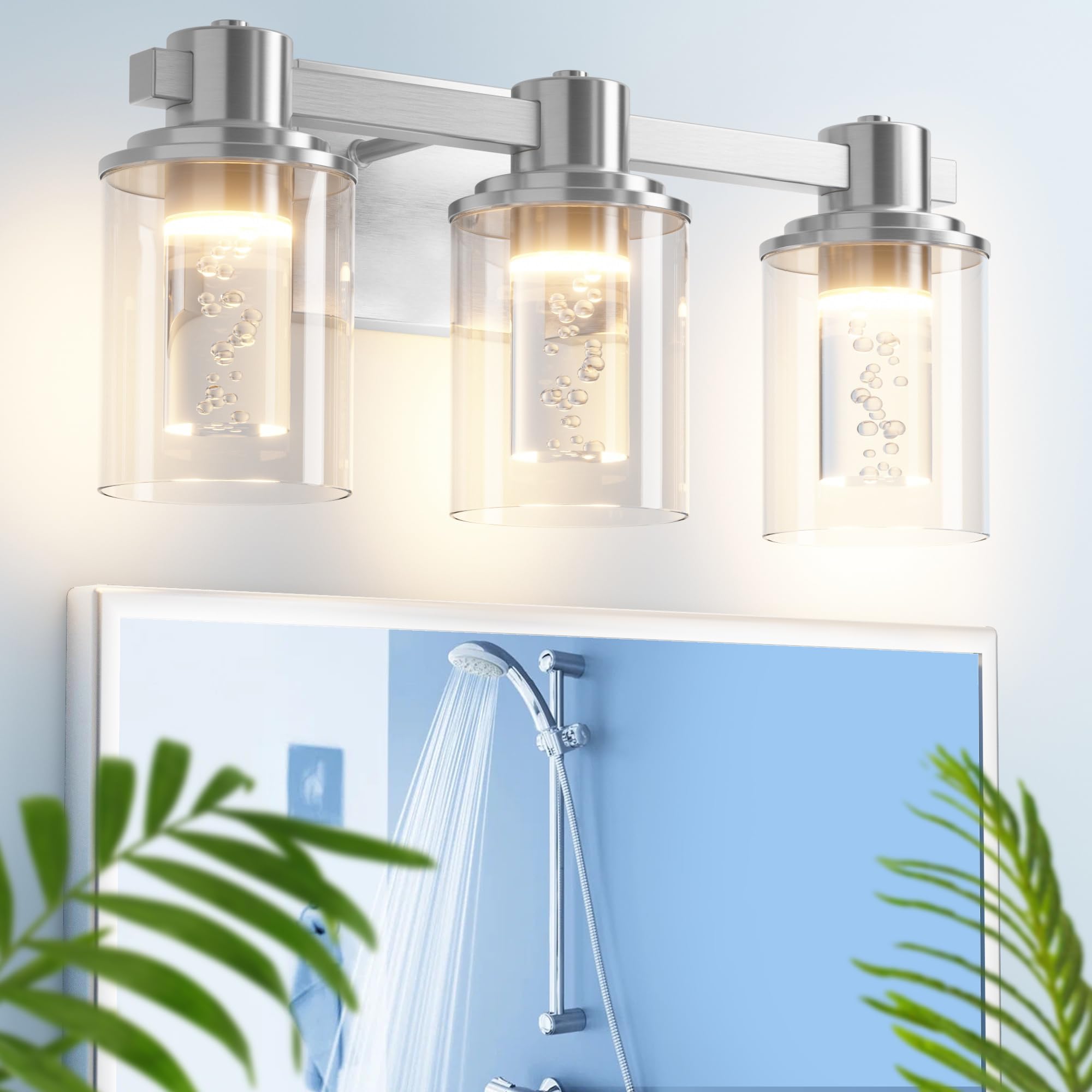 Quntis 3-Light Dimmable Bathroom Vanity Light, Brushed Nickel Led Fixture, Eye Protection, Bulbs Included