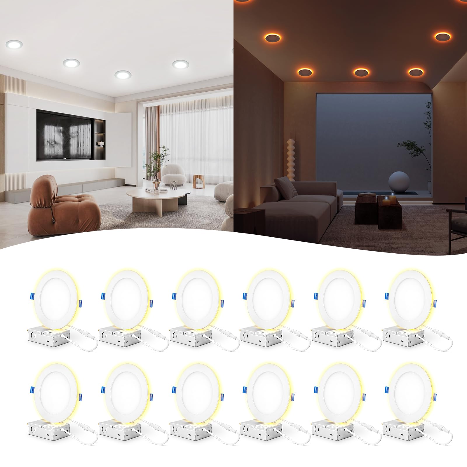 Comiled 12 Pack 6 Inch LED Recessed Ceiling Light with Night Light, 2700K/3000K/3500K/4000K/5000K Selectable, 12W, Dimmable Canl