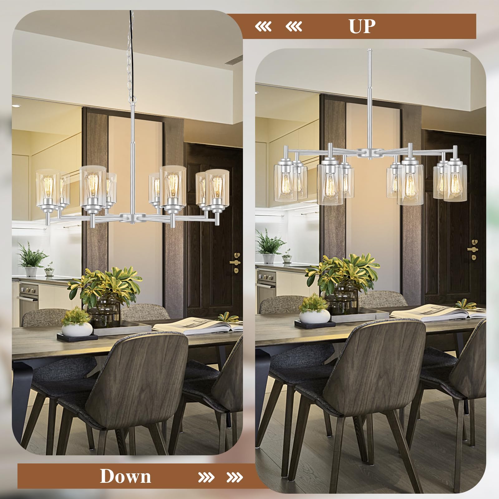 8-Light Chandelier For Dining Room Kitchen Island Modern Farmhouse Pendant Lighting With Clear Glass Shades Industrial Brushed N