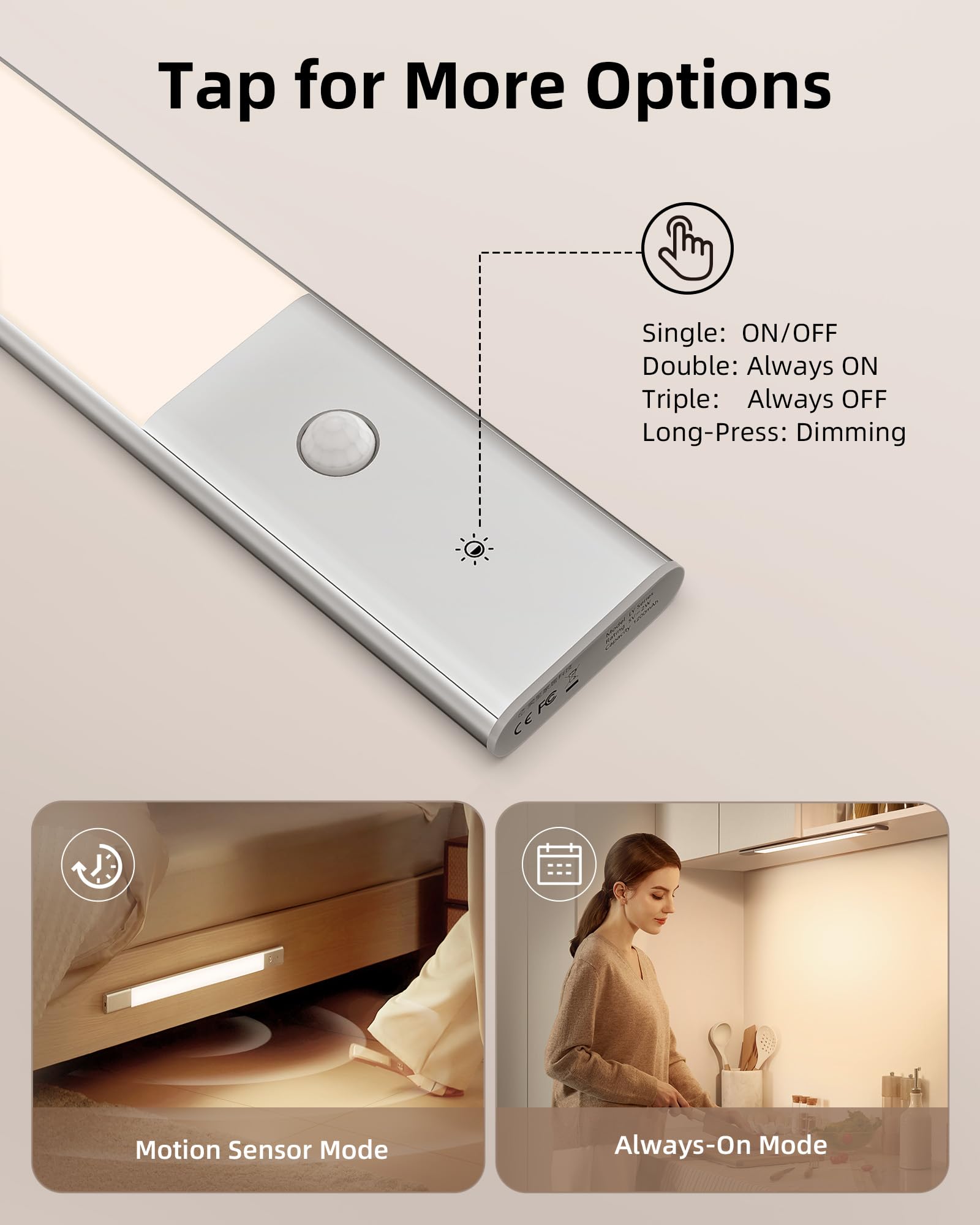 EZVALO Under Cabinet Lighting, 2-Pack Motion Sensor LED Lights, 3 Color Temps, Silver, Model LY-50, with 3 Detachable Batteries