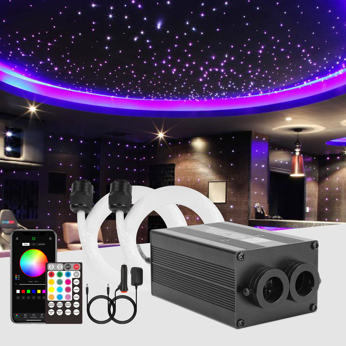 Chinly Twinkle 370Pcs 9.8Ft (0.03In+0.04In+0.06In) Starlight Headliner Fiber Optic Lights Kit, Music Mode Bluetooth App Control Remote, Rgbw Twinkle Star Lights For Headliner/Home Ceiling/Theater