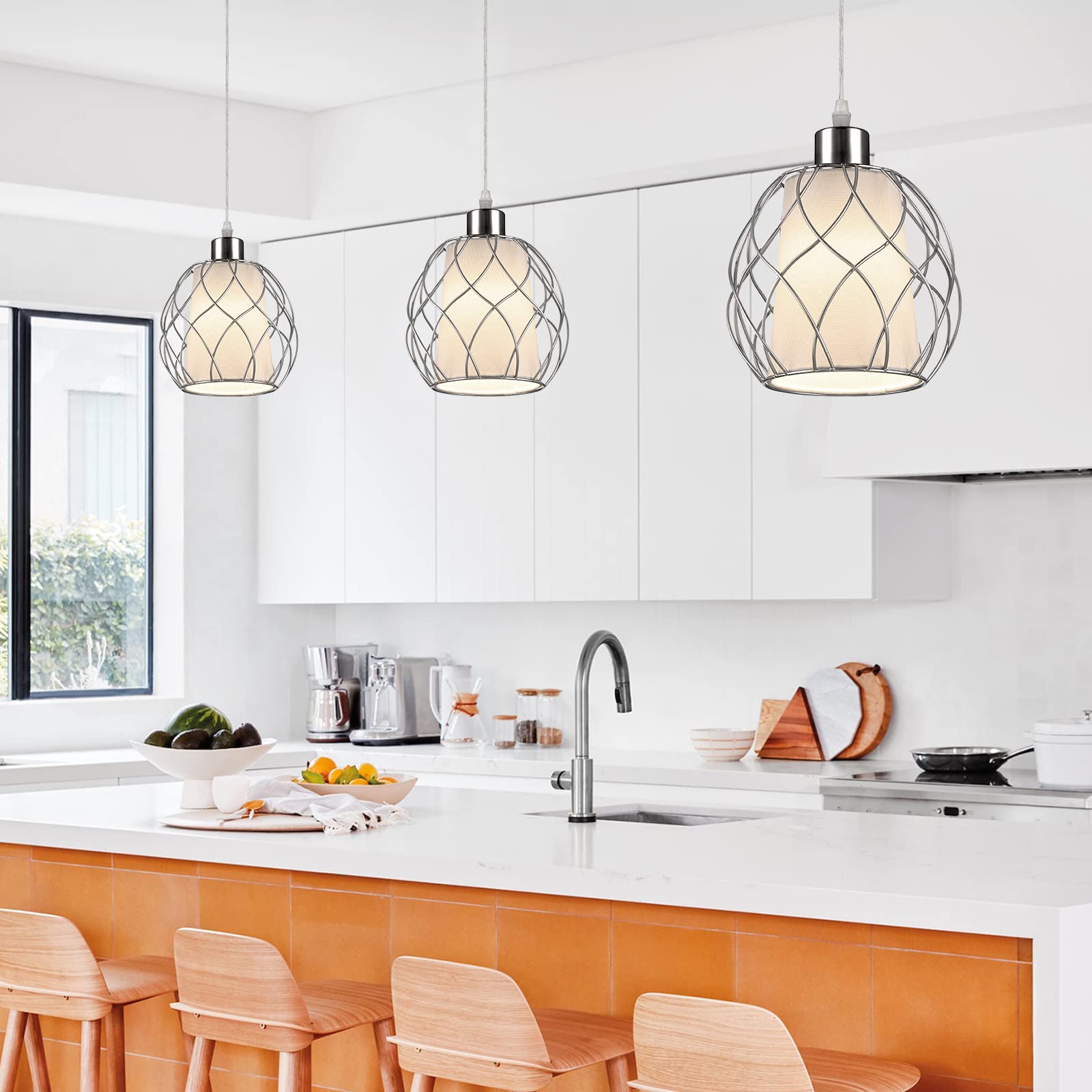 Ruzectt Plug In Pendant Light,Hanging Light With Plug In Cord,Silver Hanging Lamp With Dimmable Switch,15 Ft Clear Cord,Hanging Light Fixture For Kitchen Island Living Room Bedroom (Bulb Included)