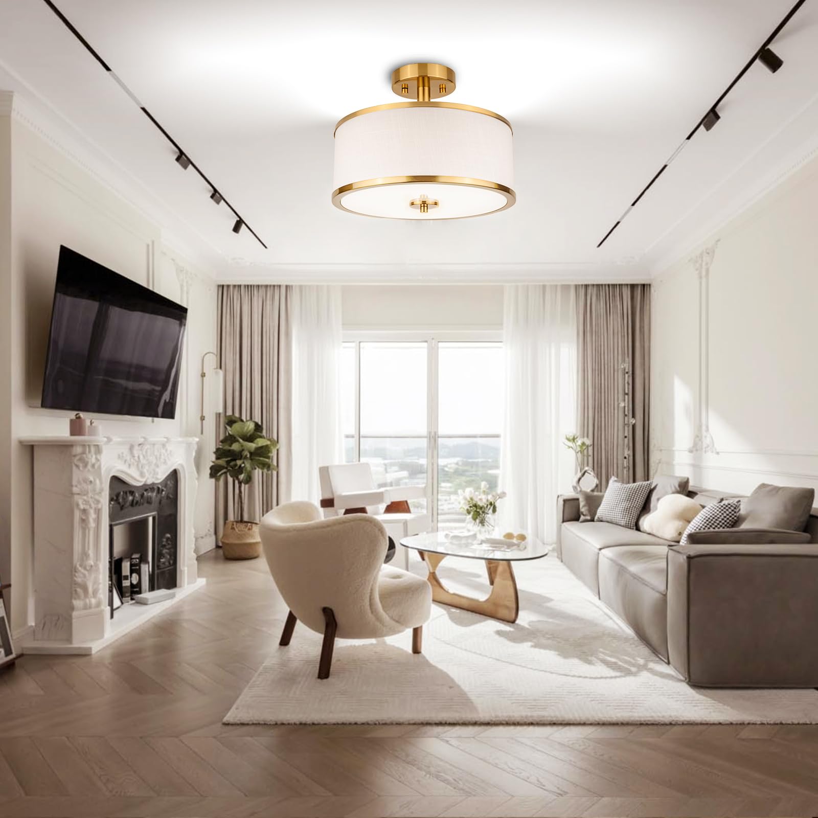 Edwarmlux 3-Light Semi Flush Mount Ceiling Light, 12.6" Brushed Gold & White Fabric Shade, Modern Fixture for Living Room & Kitchen - PL-LSF502D