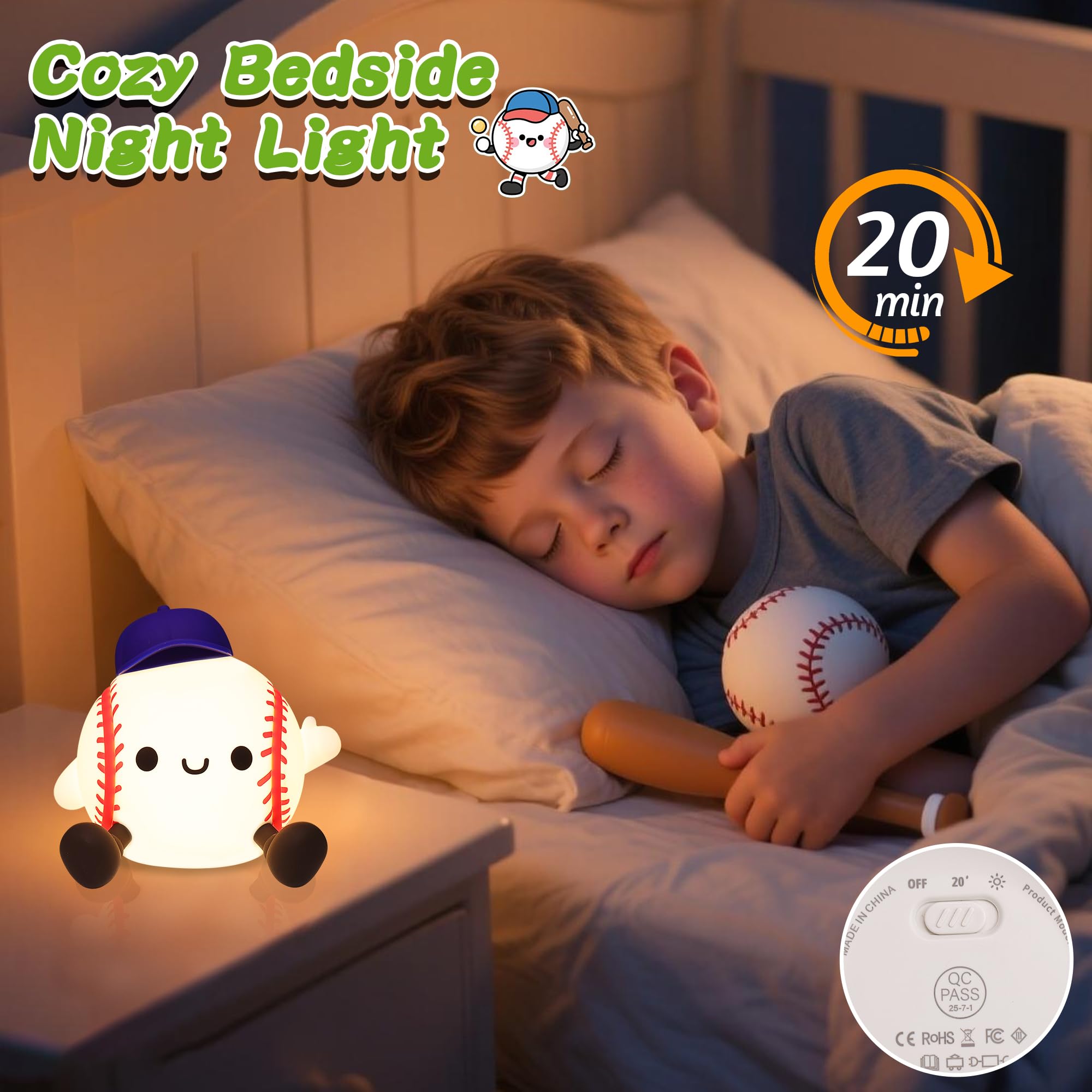 OkiyiD Baseball Night Light, Dimmable USB Silicone Lamp, 16.9x9.6x11.9cm, Pink, Model OK-GJ001-999, Ideal for