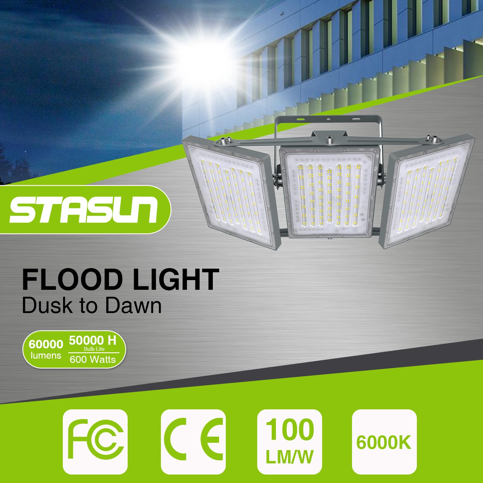 STASUN LED Flood Light, 600W 60000LM 6000K, IP66 Waterproof, Photocell Sensor, Gray, Model 20170