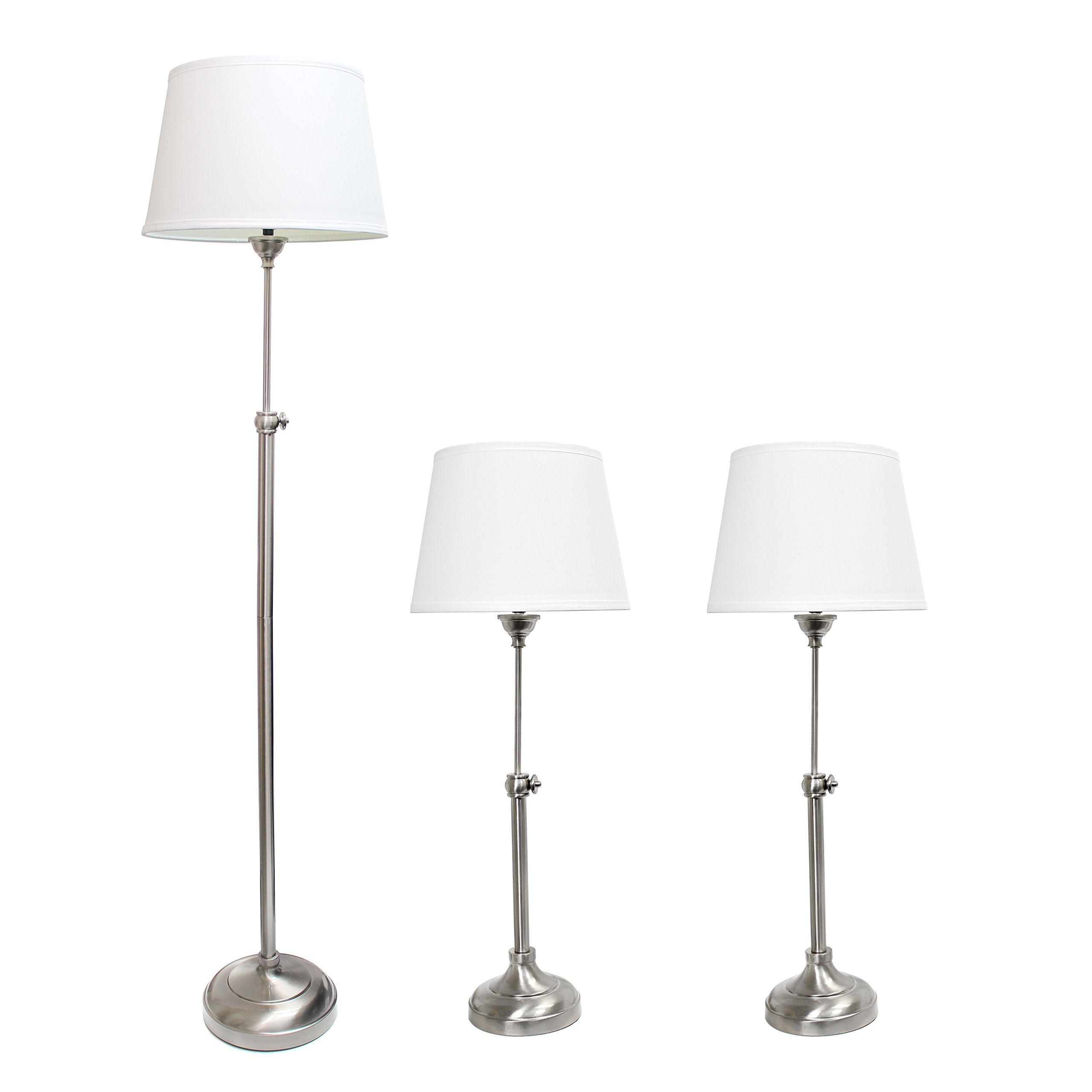 Elegant Designs Lc1017-Bsn Brushed Nickel Adjustable 3 Pack Lamp Set With White Fabric Shades, 1 Floor Lamp And 2 Table Lamps