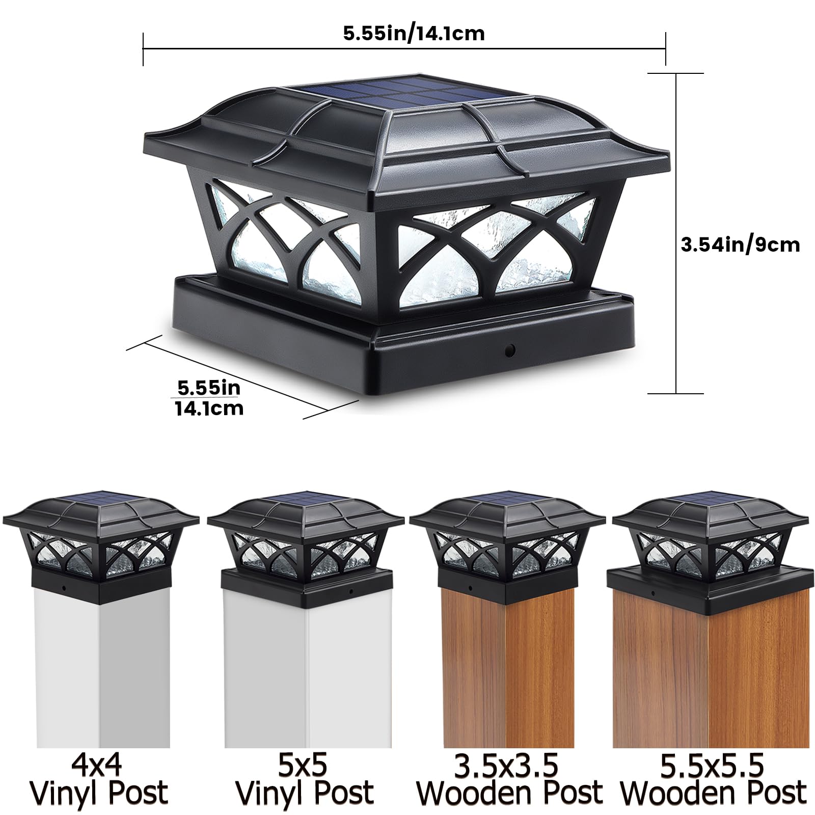 SIEDiNLAR Solar Post Cap Lights, 8 LEDs, Glass, 2 Color Modes, Black, 6 Pack, Fits 4x4, 5x5, 6x
