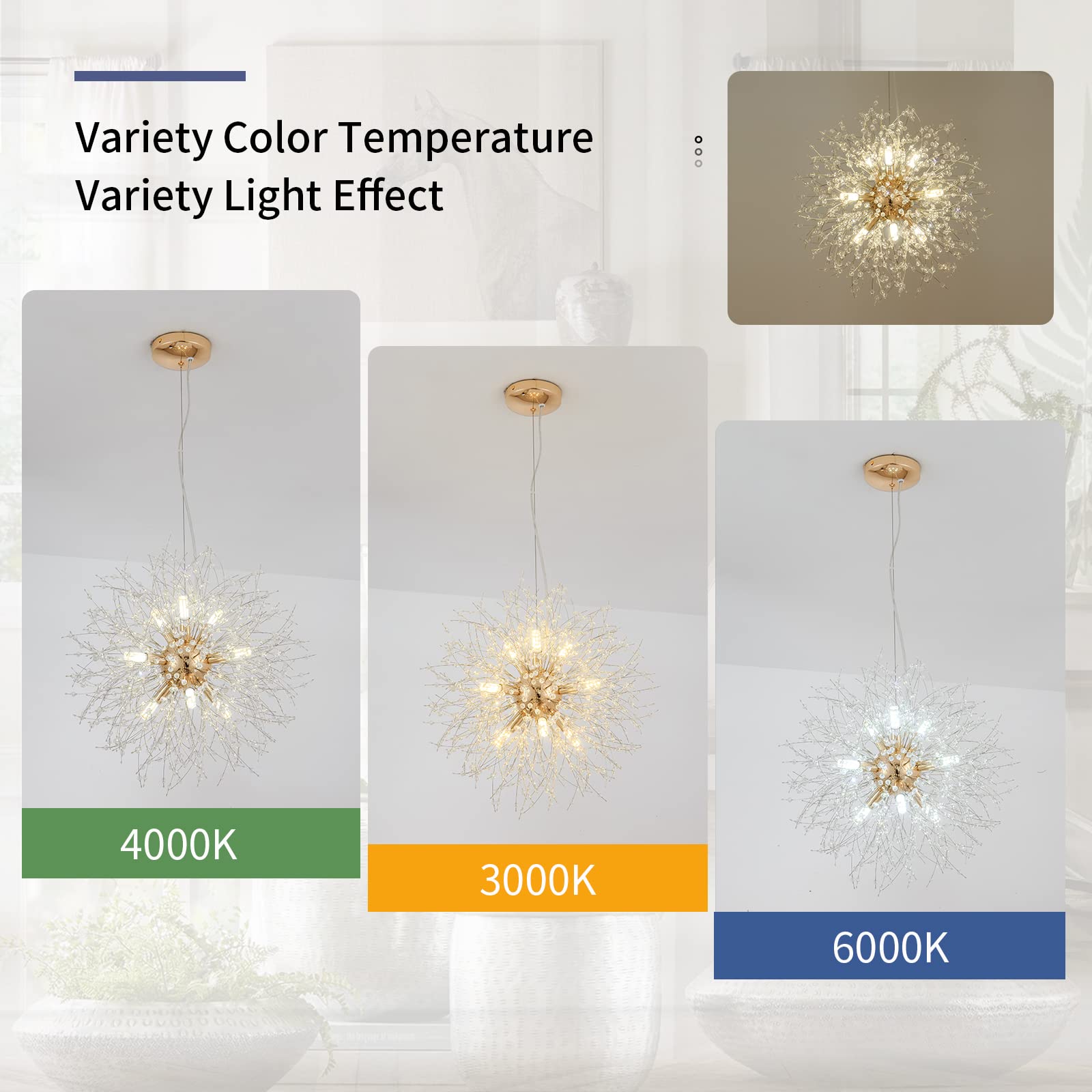 CM MZY 9-Light Gold Dandelion Sputnik Chandelier, Modern Crystal Pendant Light for Bedroom, Living Room, Dining Room, Kitchen Island
