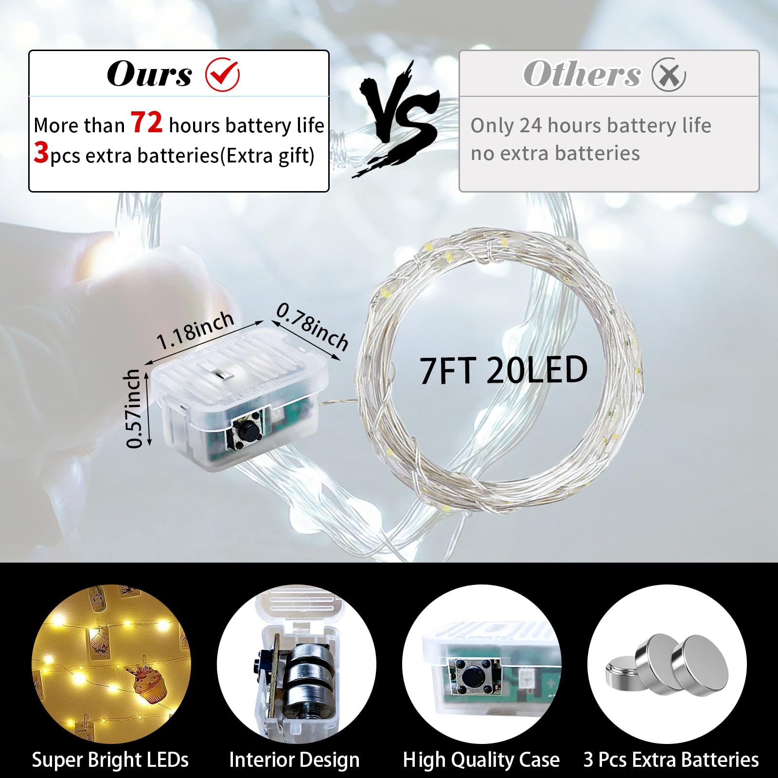 chzk 100 Pack Fairy Lights 7Ft 20 LED Twinkle String Lights Battery Operated Waterproof Cold White A01-Mini