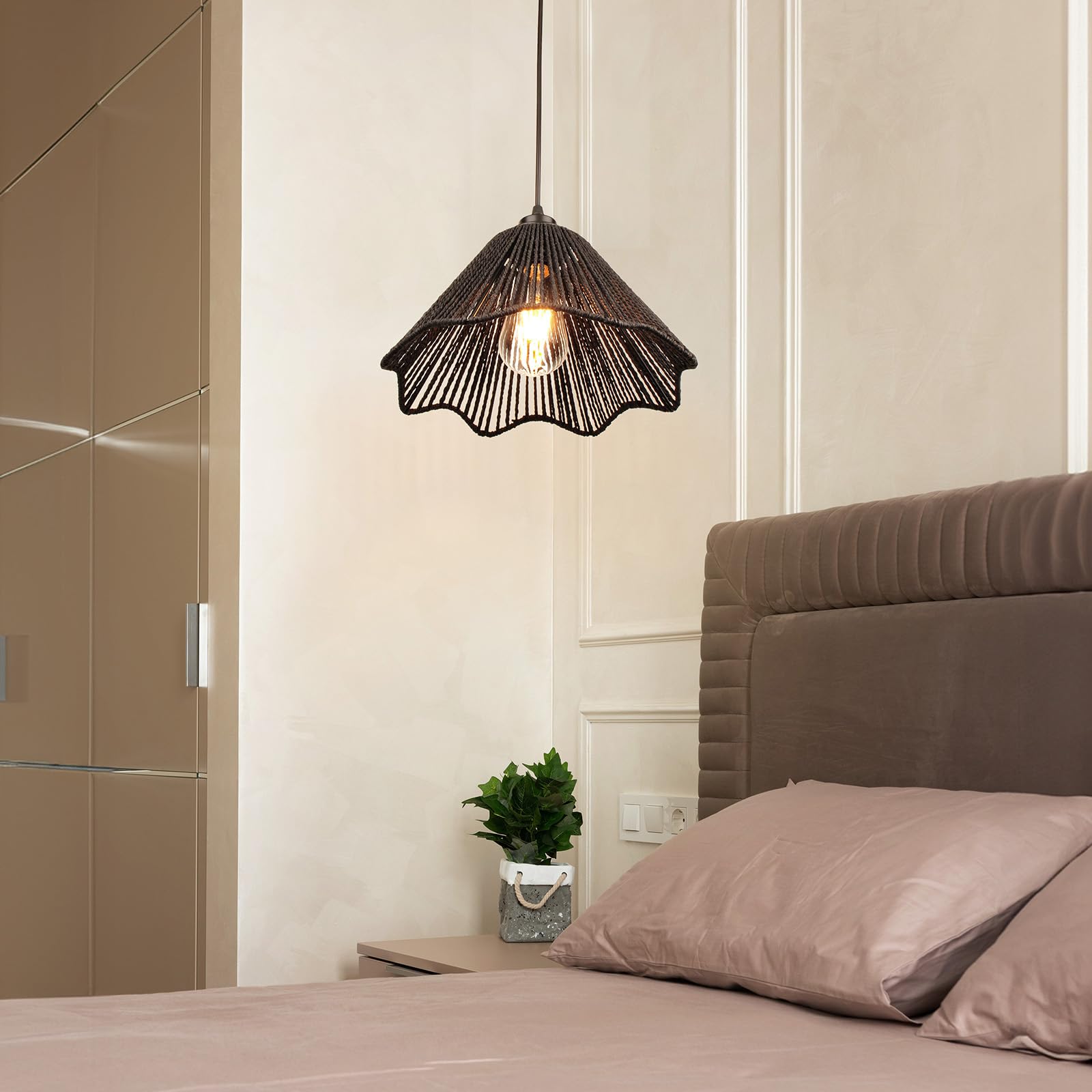 Tebio Rattan Plug In Pendant Light Set Of 2 (Bulbs Included), 12''X6'' Boho Hanging Lights With 13Ft Black Hemp Plug-In Cord, On