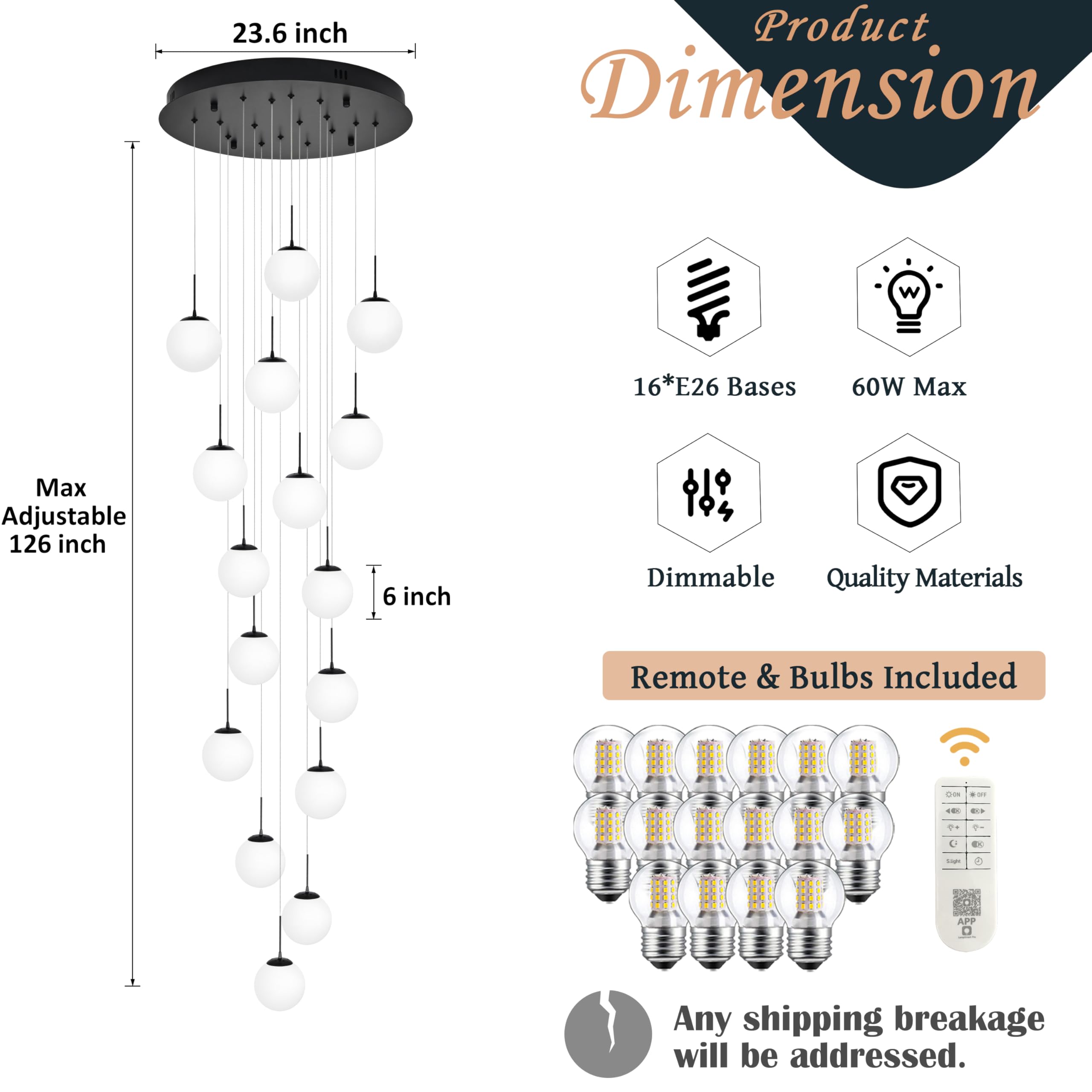 KoKo&Yukina 16-Light Black Mid Century Modern Chandelier, Opal Glass, D23.6", Model LT01-NH-16, Ideal for Living Room & Entryway