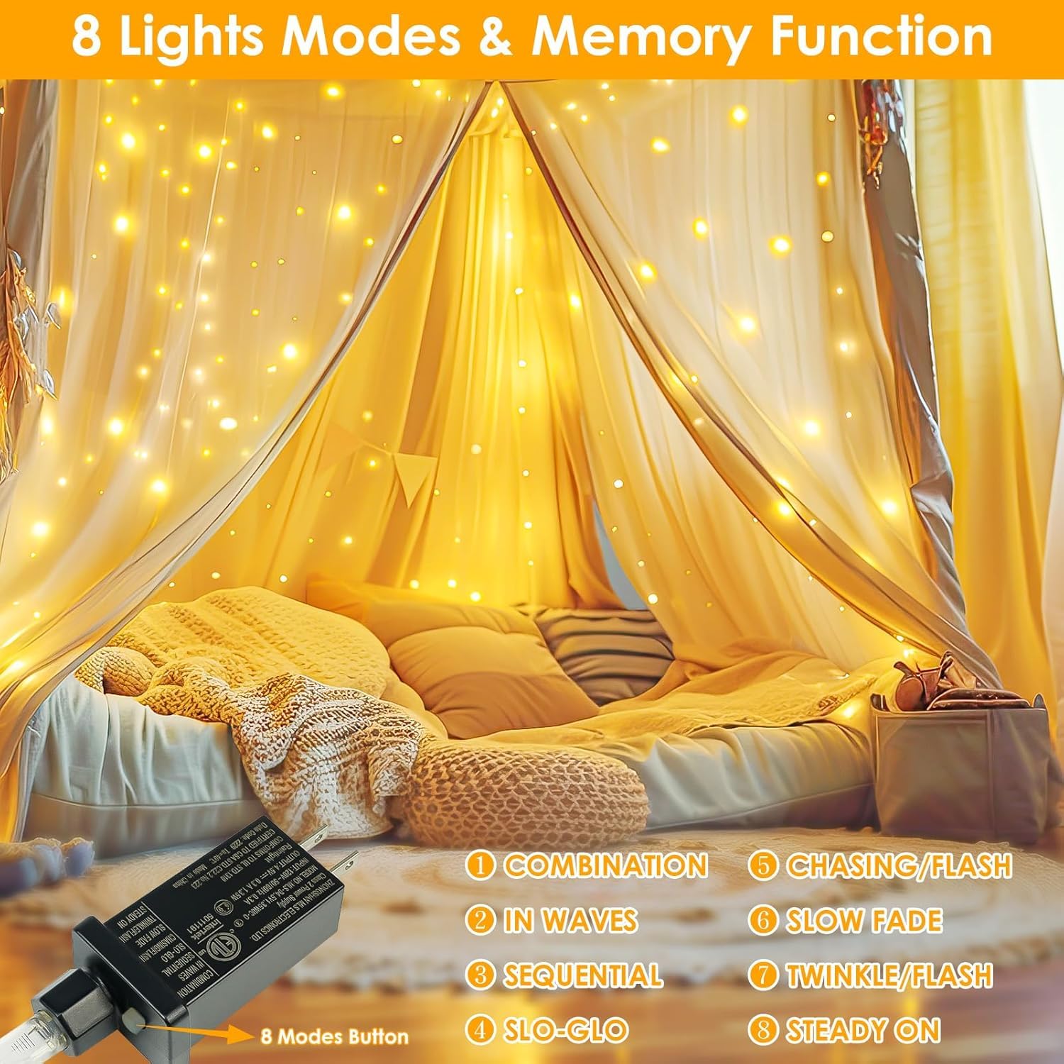 BHCLIGHT 99Ft 300 LED Fairy Lights, Waterproof, 8 Modes, Timer, Warm White, Indoor/Outdoor, Model MLS-D4.5V1.35WUC-O