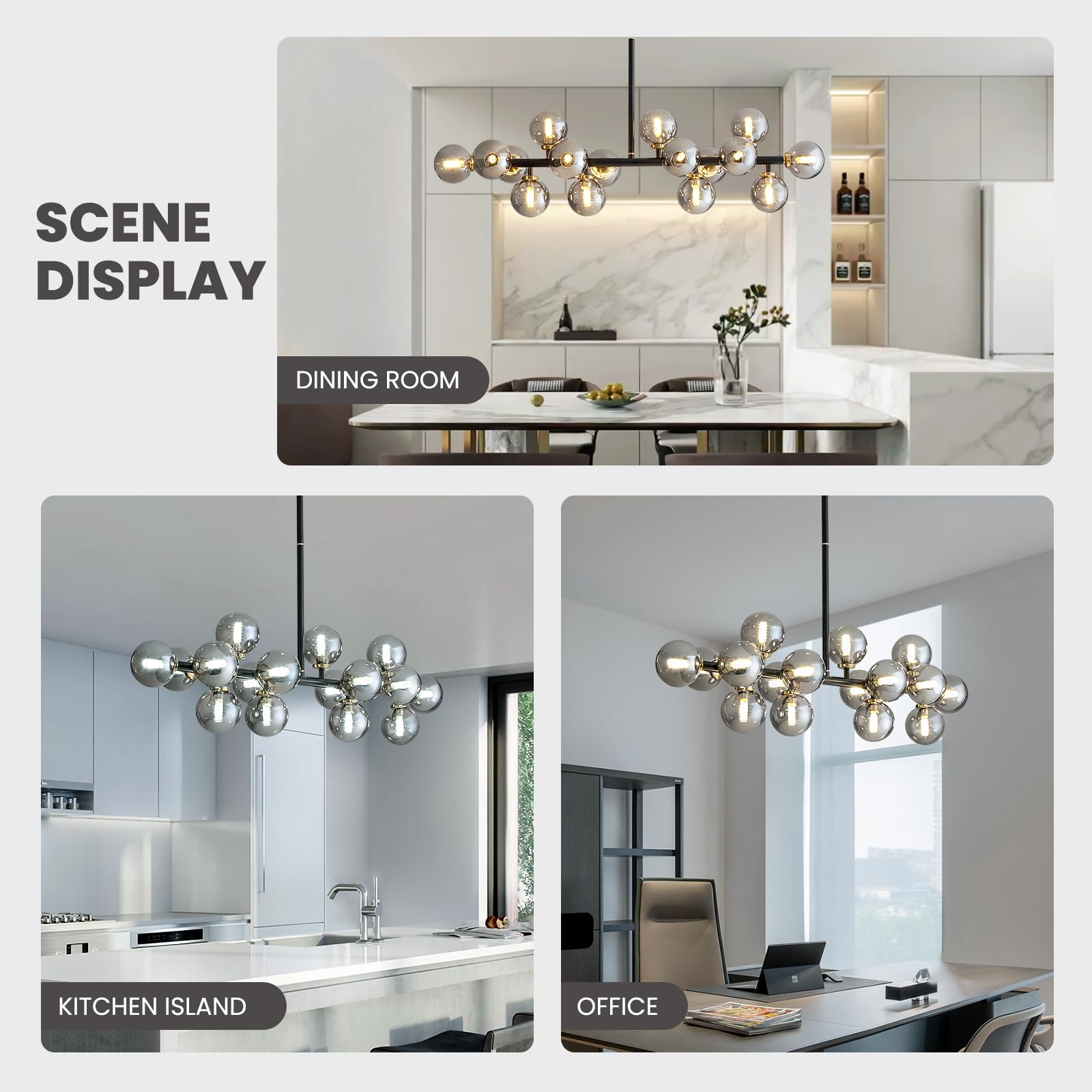 CROSSIO 16 Lights Mid Century Modern Chandelier Black Iron Glass Globe Pendant Light Fixture for Dining Room Kitchen