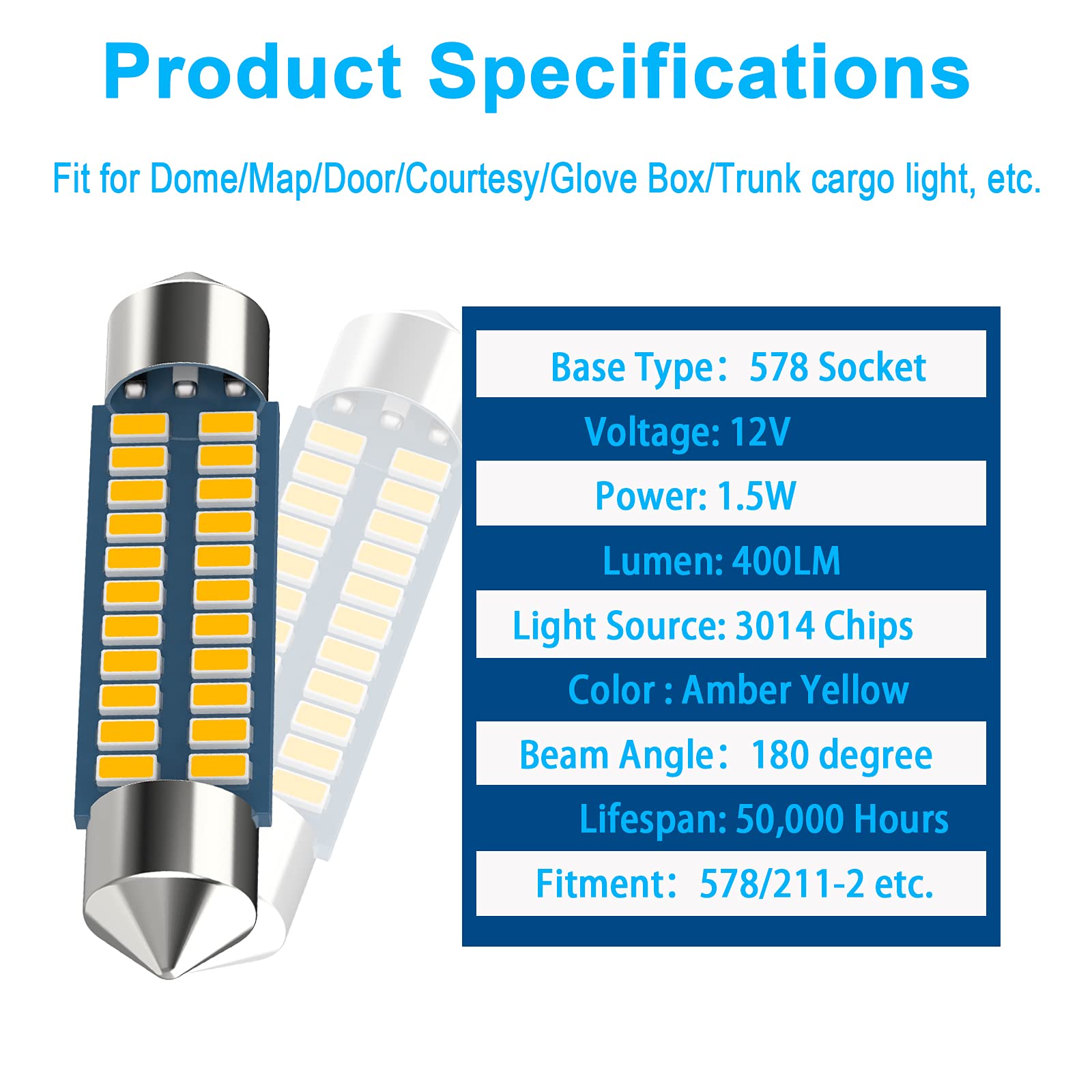 Serundo Auto 578 Led Festoon Bulb 211-2 Led Car Bulb 41Mm 42Mm 1.65In 212-2 Bulb For Car Map Light Dome Light, 22Smd 3014 Chips Interior Led Festoon Bulb,Pack Of 4Pcs Amber Yellow
