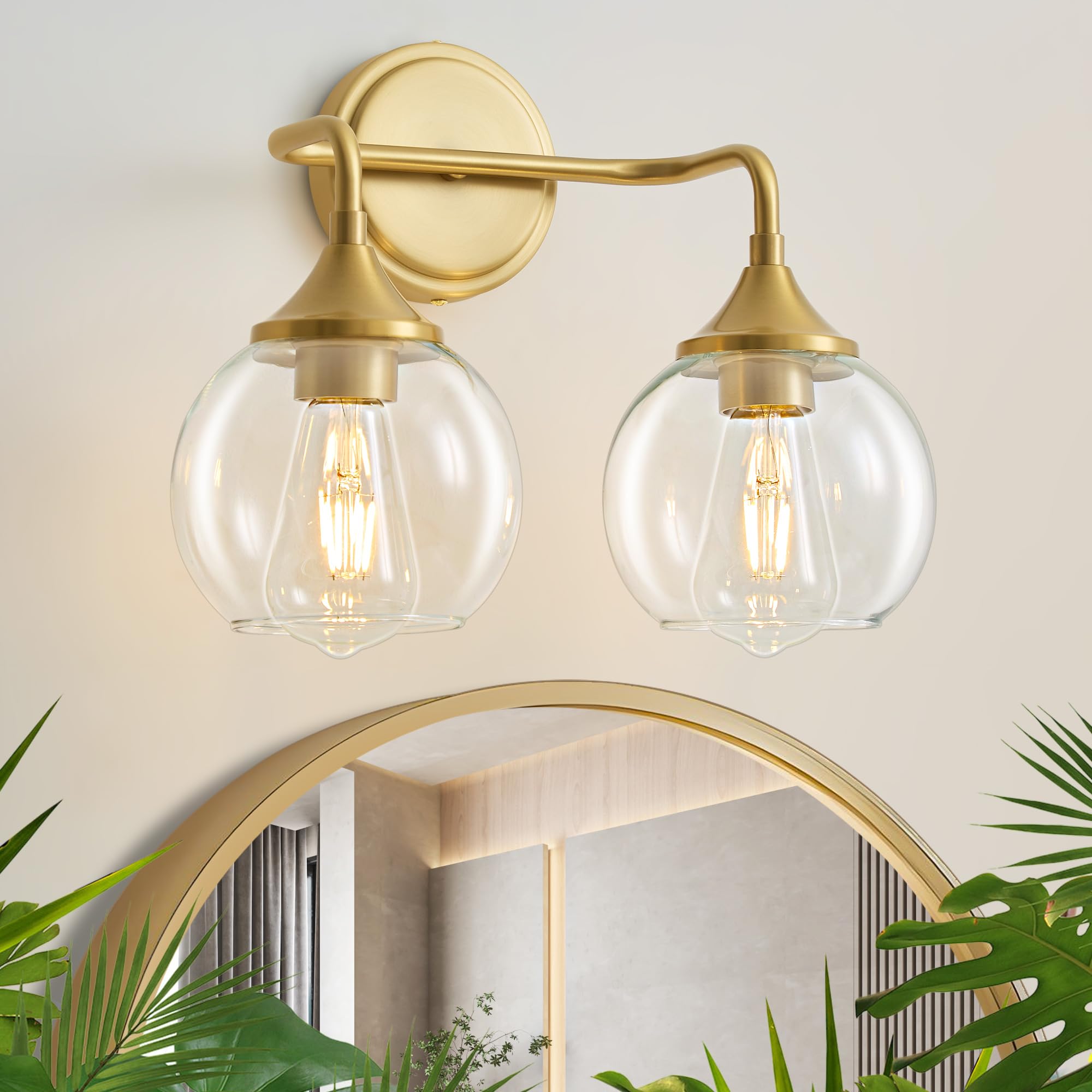 Gednbo Gold Bathroom Vanity Light, 2-Light Metal Fixture, Clear Glass Shade, Model G1796, 19 Inch, E26 Base