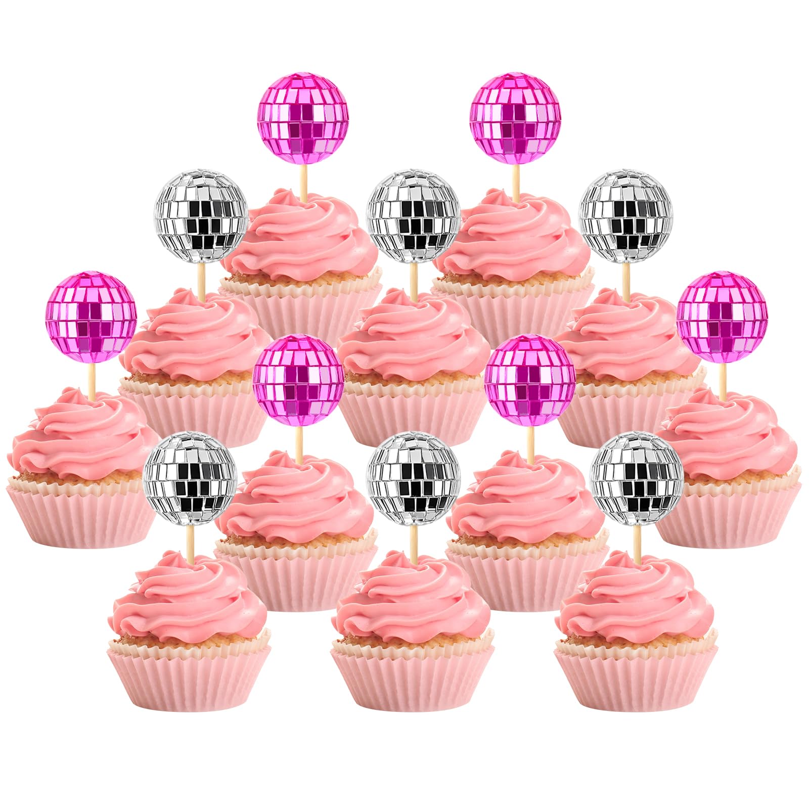 JOERSH 24pcs Disco Ball Cupcake Toppers, 1970s Disco Theme Cake Decorations, Pink and Silver, Crystal Glass, Foam, Bamboo