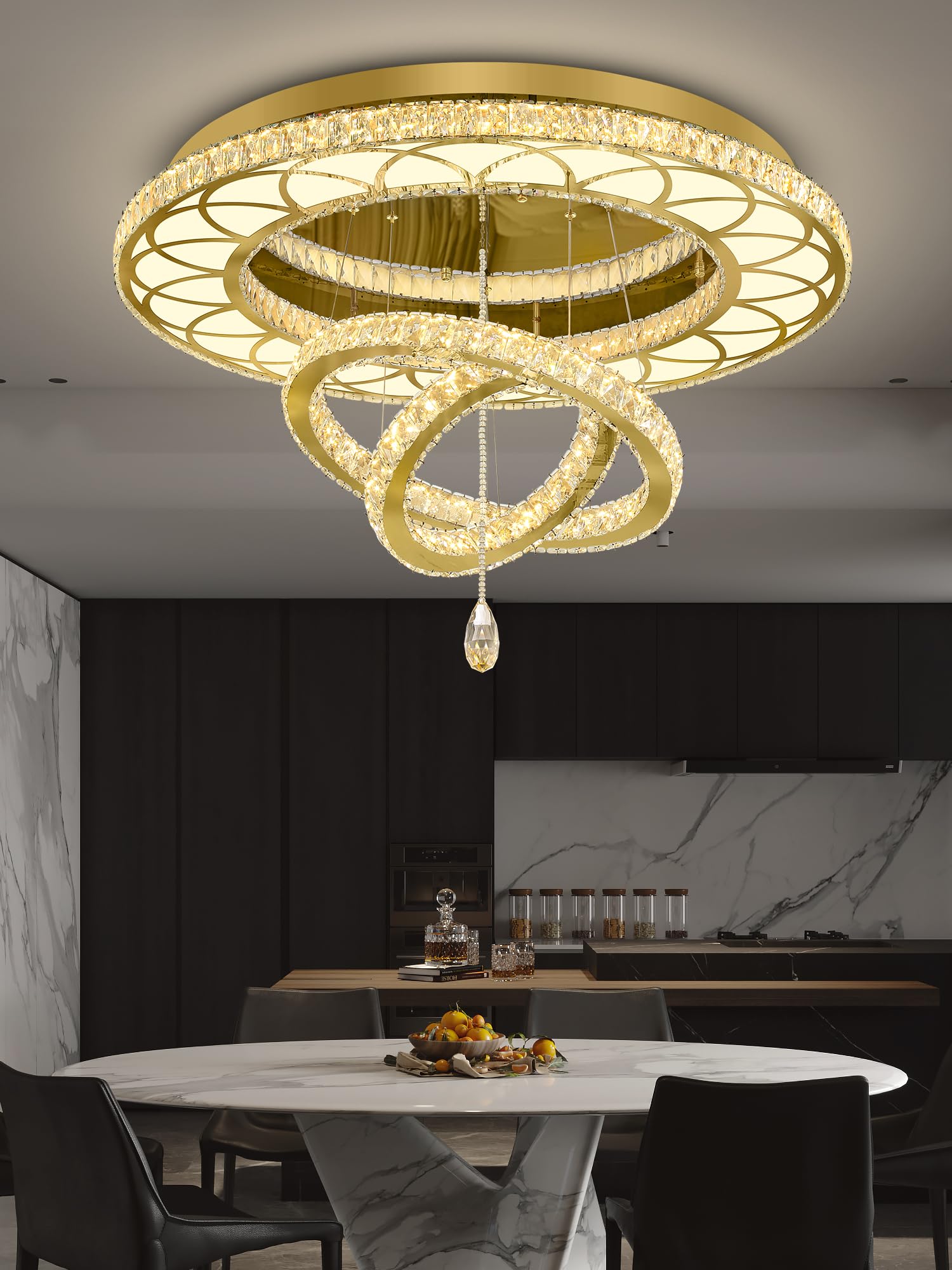 Flashing God Dia 48'' Large Chandelier Crystal Gold Ceiling Light Fixtures LED Flush Mount Ceiling Light for Living Room Bedroom