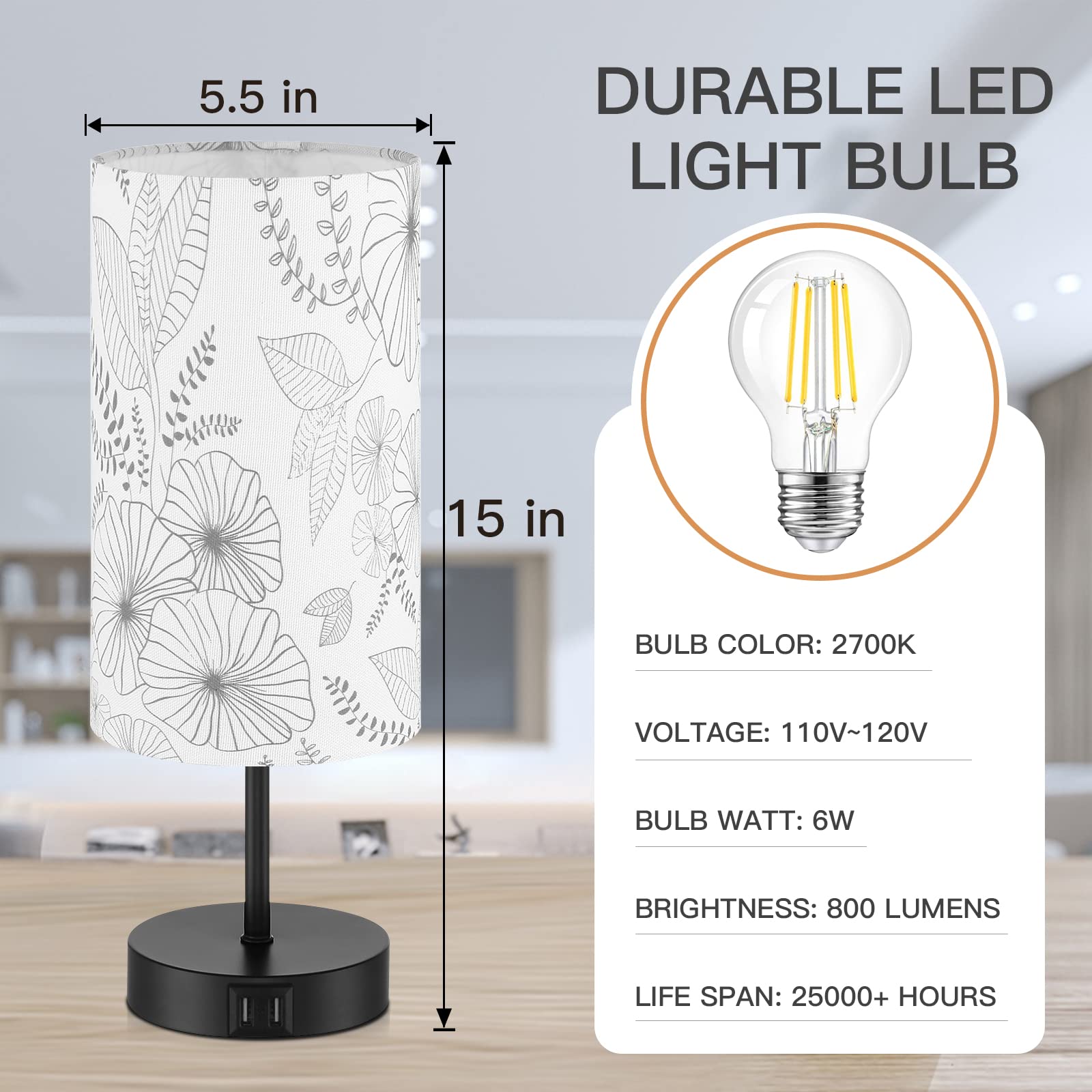 CINSARY Touch Control Bedside Lamp, 3-Way Dimmable, 2 USB Ports, Fabric Shade, White, E26 LED Bulb Included