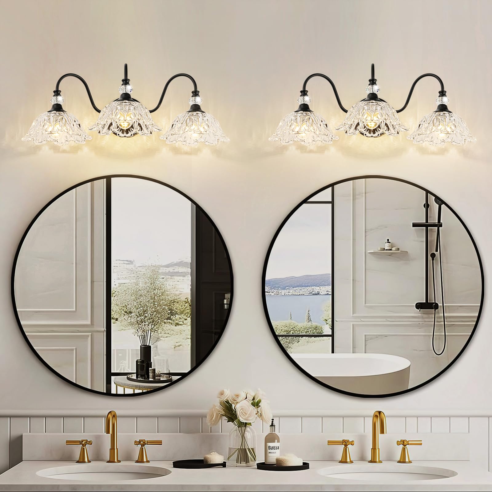 Black Bathroom Vanity Light 3-Light Vanity Light With Crystal Glass Shades Vintage Farmhouse Vanity Lighting For Bathroom And Dressing Table