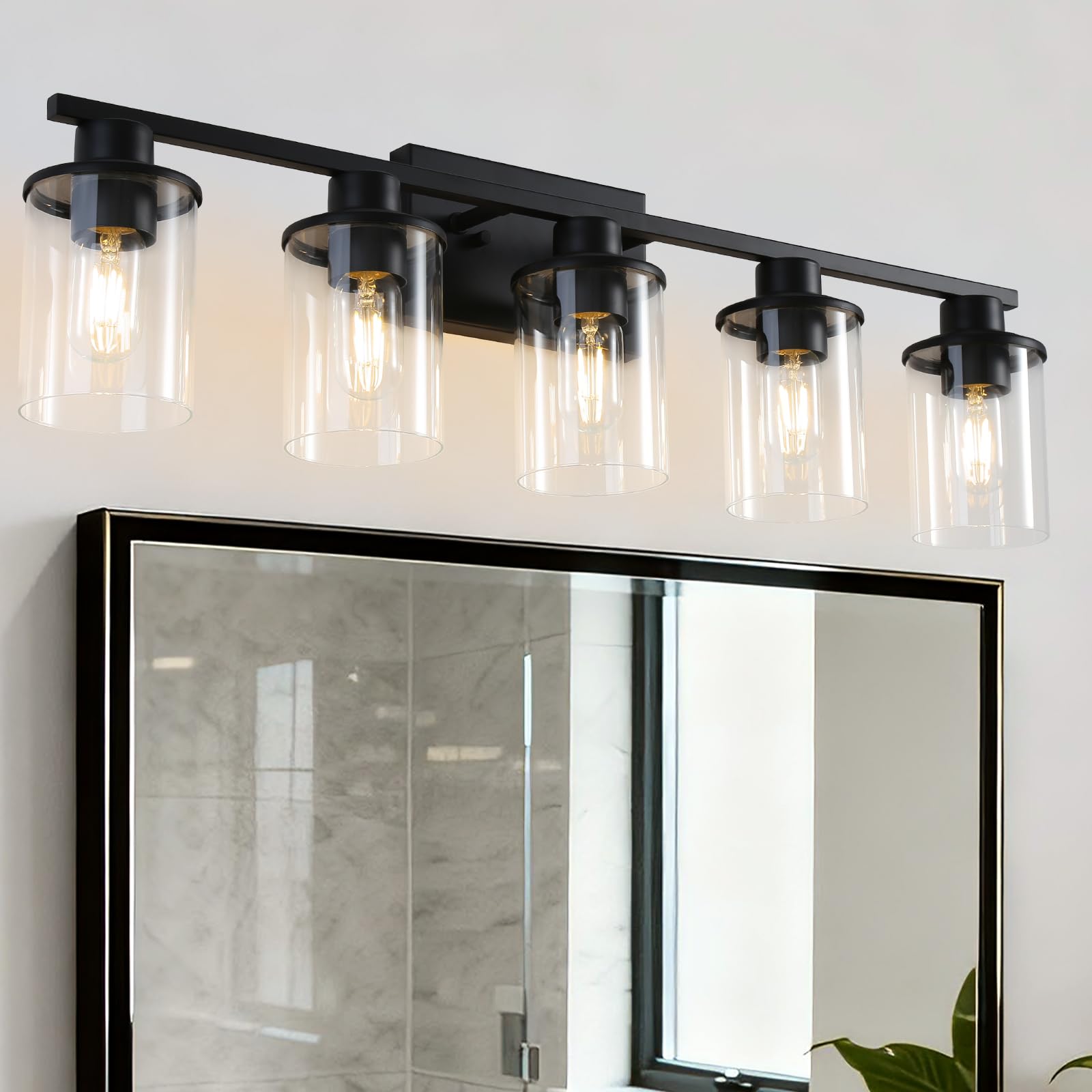LOUSACE 5-Light Black Bathroom Vanity Light, 31.5 Modern Vanity Lighting Fixture Over Mirror with Clear Glass Shade, E26 Base