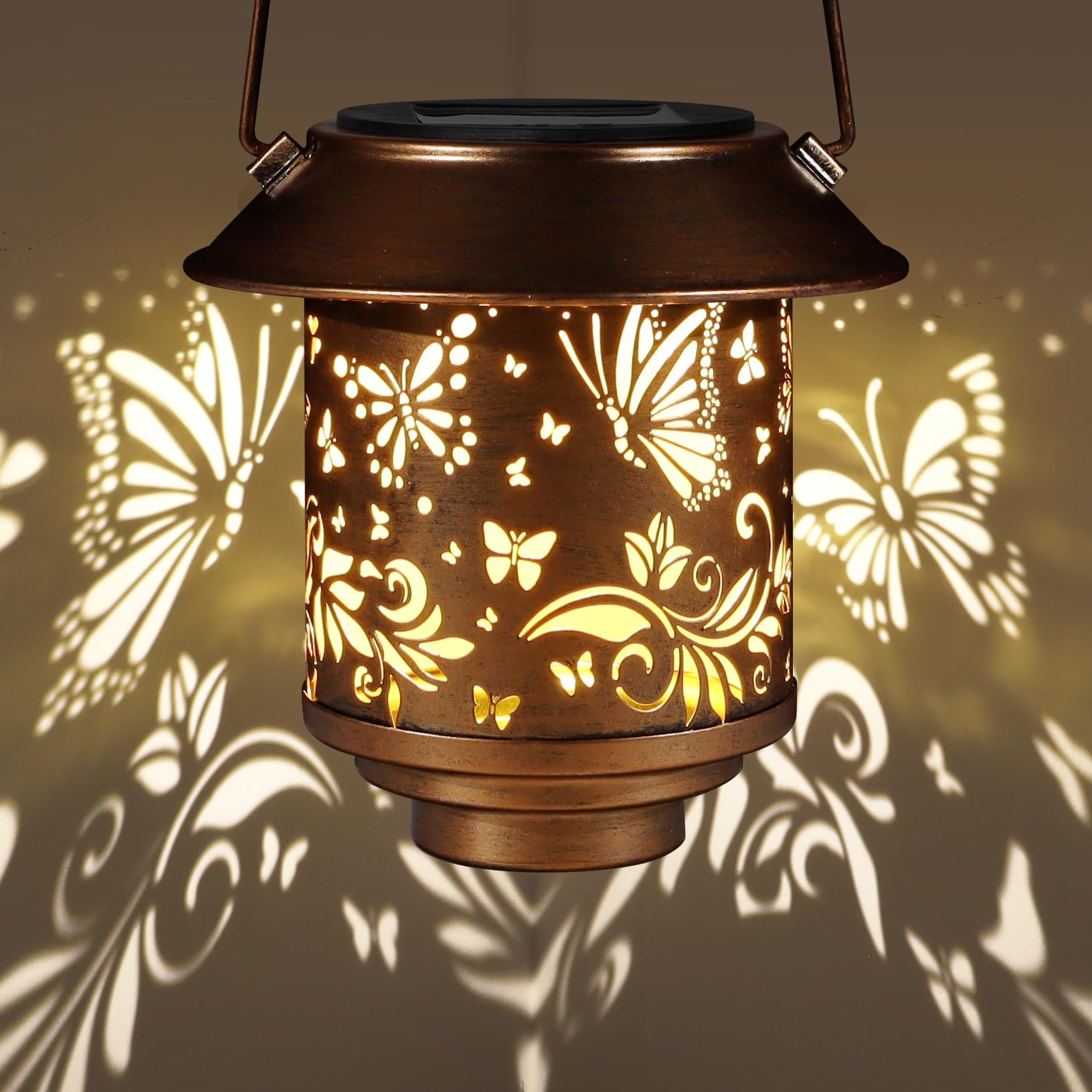 Outdoor Hanging Solar Lantern Waterproof Outside Metal Openwork Butterfly Pattern Landscape Lights For Porch Garden Yard Patio P