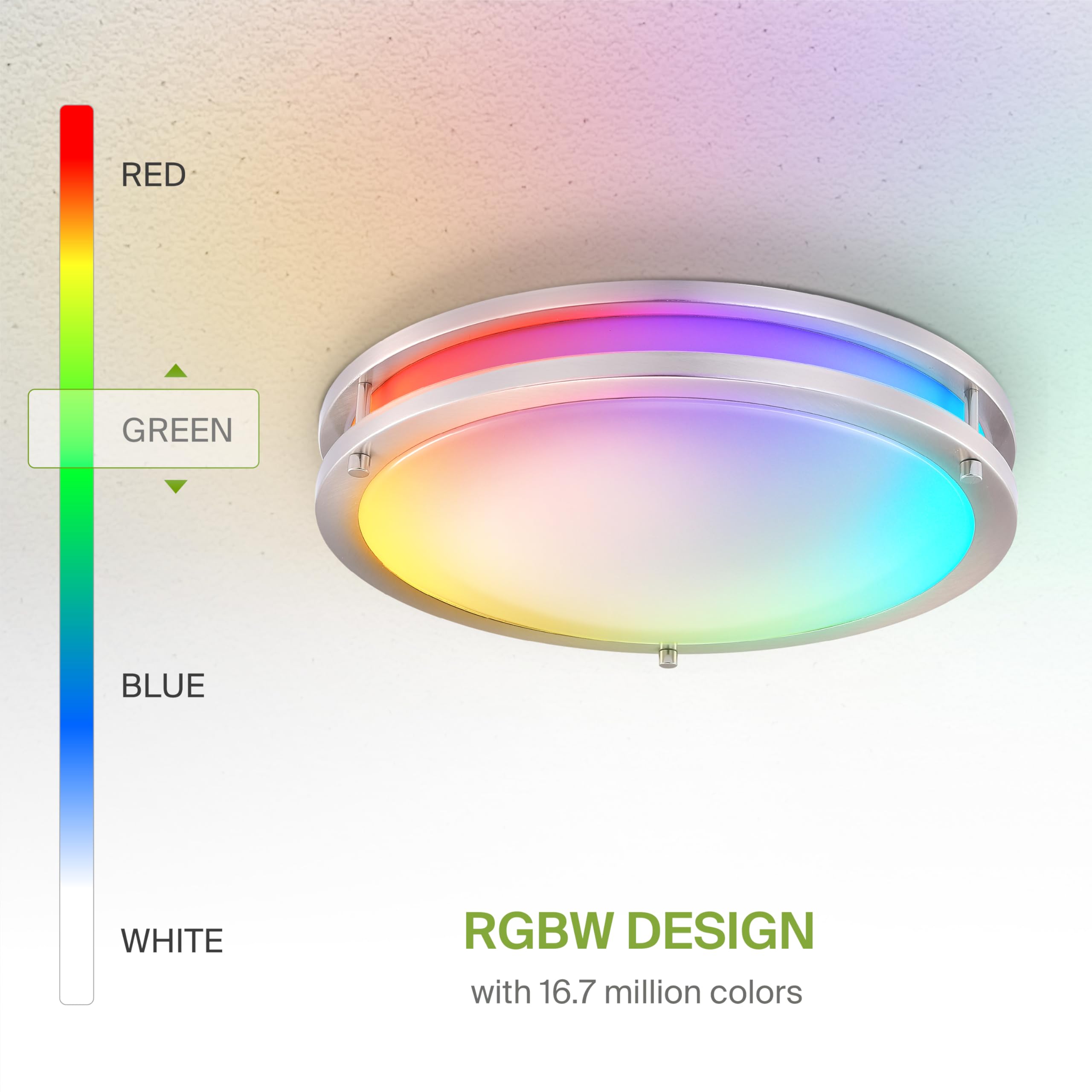 ASD 16 Inch LED Flush Mount Light Fixture, 24W RGB-2700K-6500K, Dimmable, Brushed Nickel, Model A-DR16D24S-R