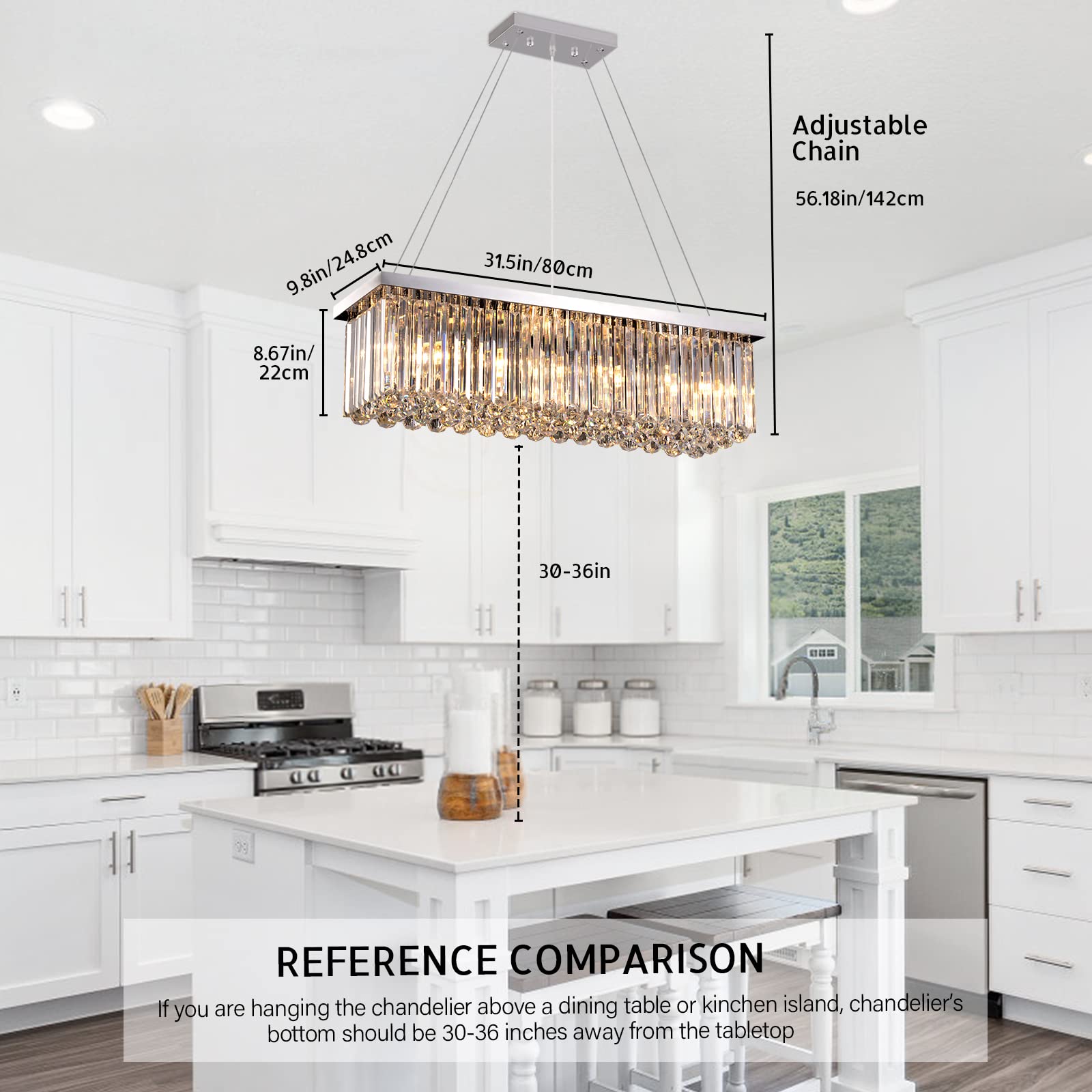 Modern Silver Rectangular Crystal Chandelier, Dining Room Chandeliers Over Table, Luxury Chrome Pendant Ceiling Light Fixtures F