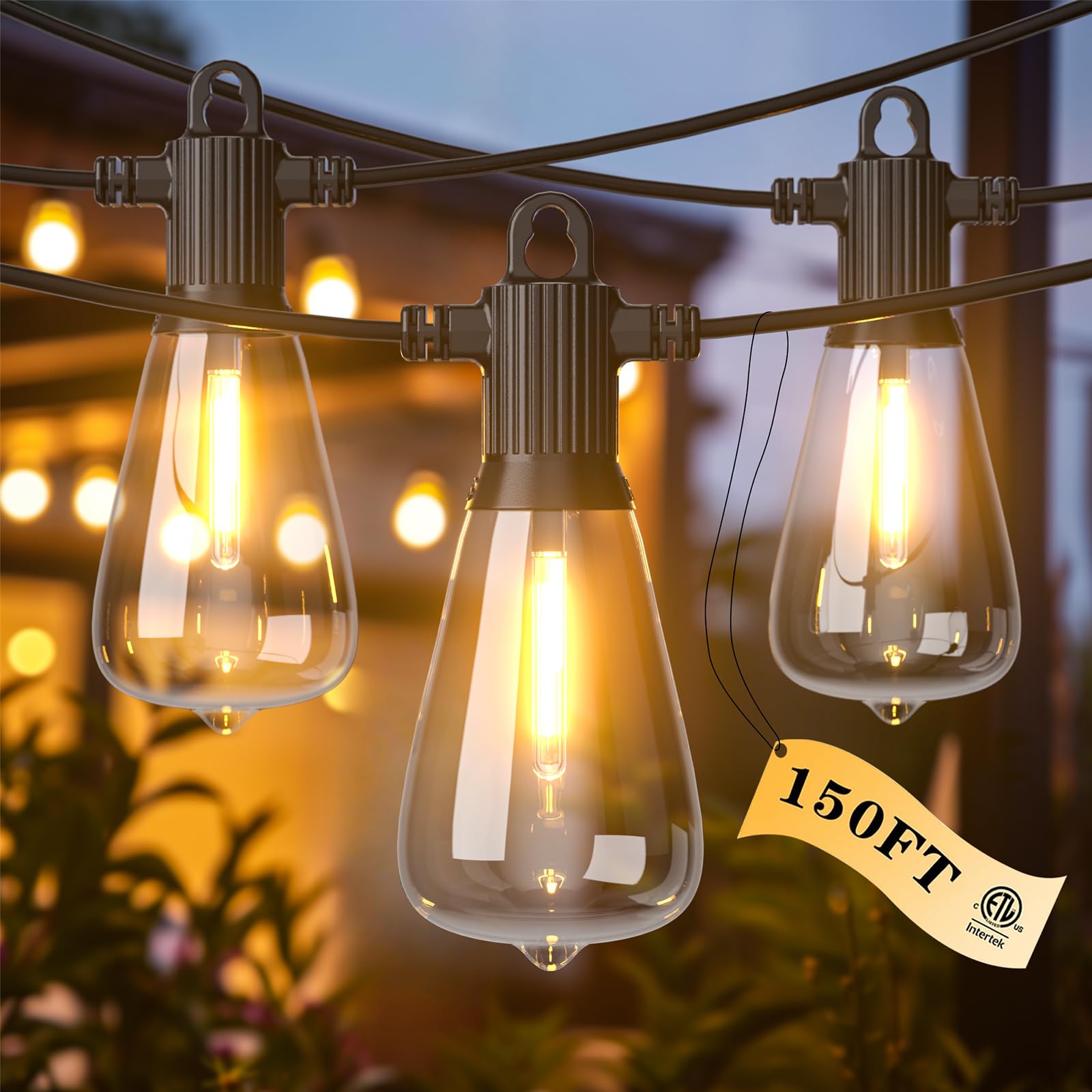 Kawaya Outdoor Lights String LED Patio Lights: 150FT Waterproof Commercial Grade Vintage String Lights for Outside - 72+3 Shatte