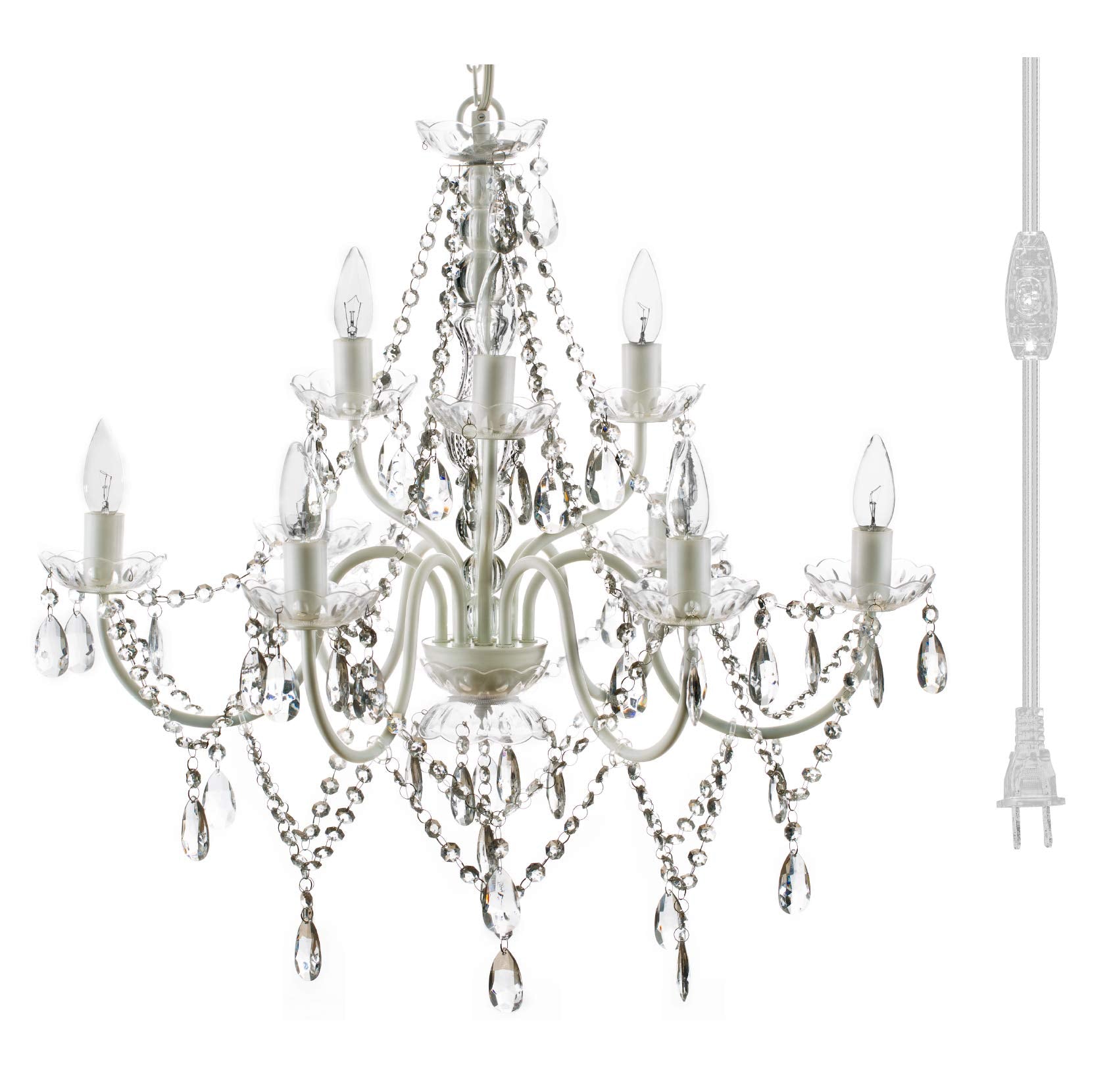 Gypsy Color 9 Light Plug-In Chandelier, Crystal White Metal Frame, Acrylic Crystals, H26”Xw27”, Model Gyxlclp
