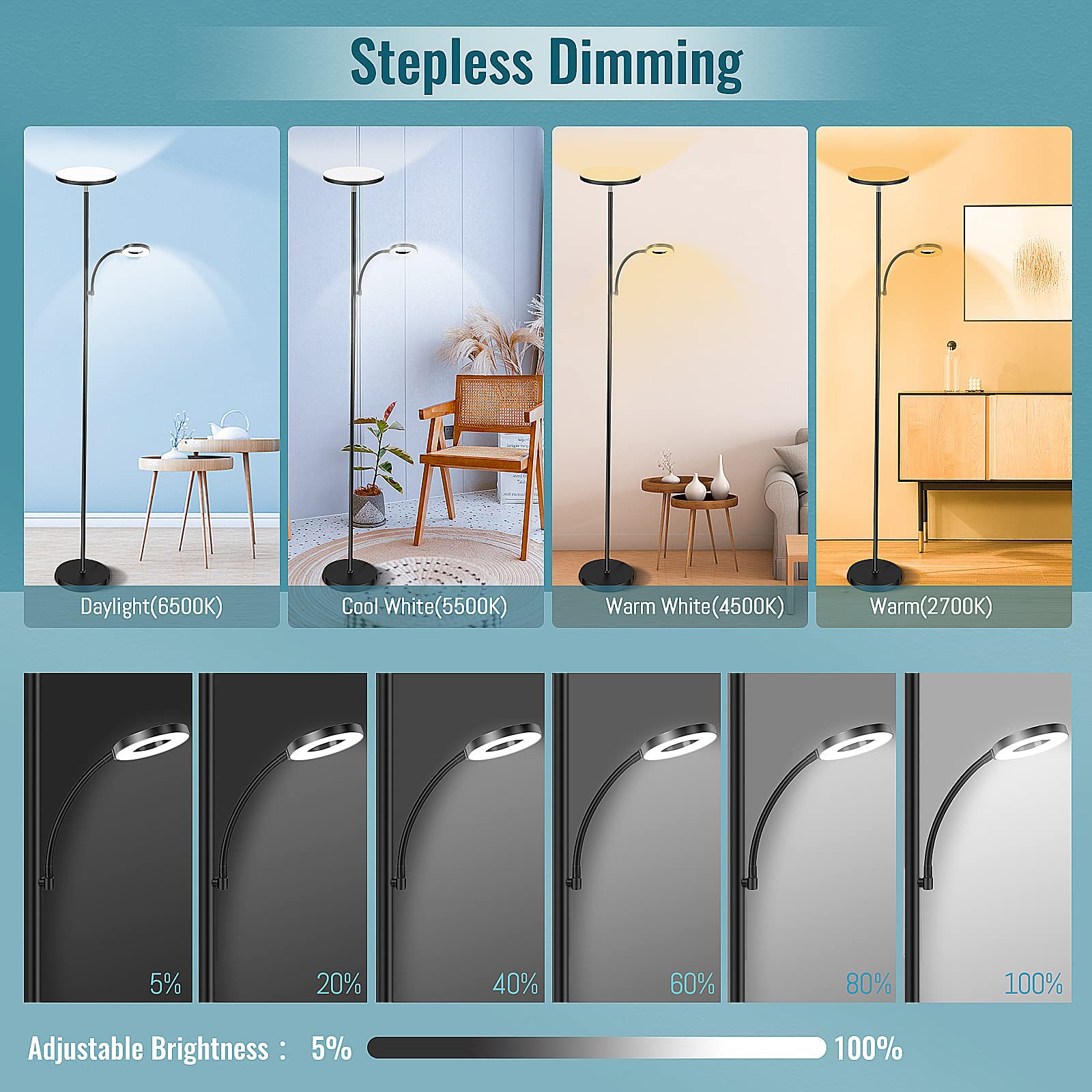 Marctronic Floor Lamp - 42W LED Torchiere with Adjustable Reading Light, Dimmable, Black, Model RM02