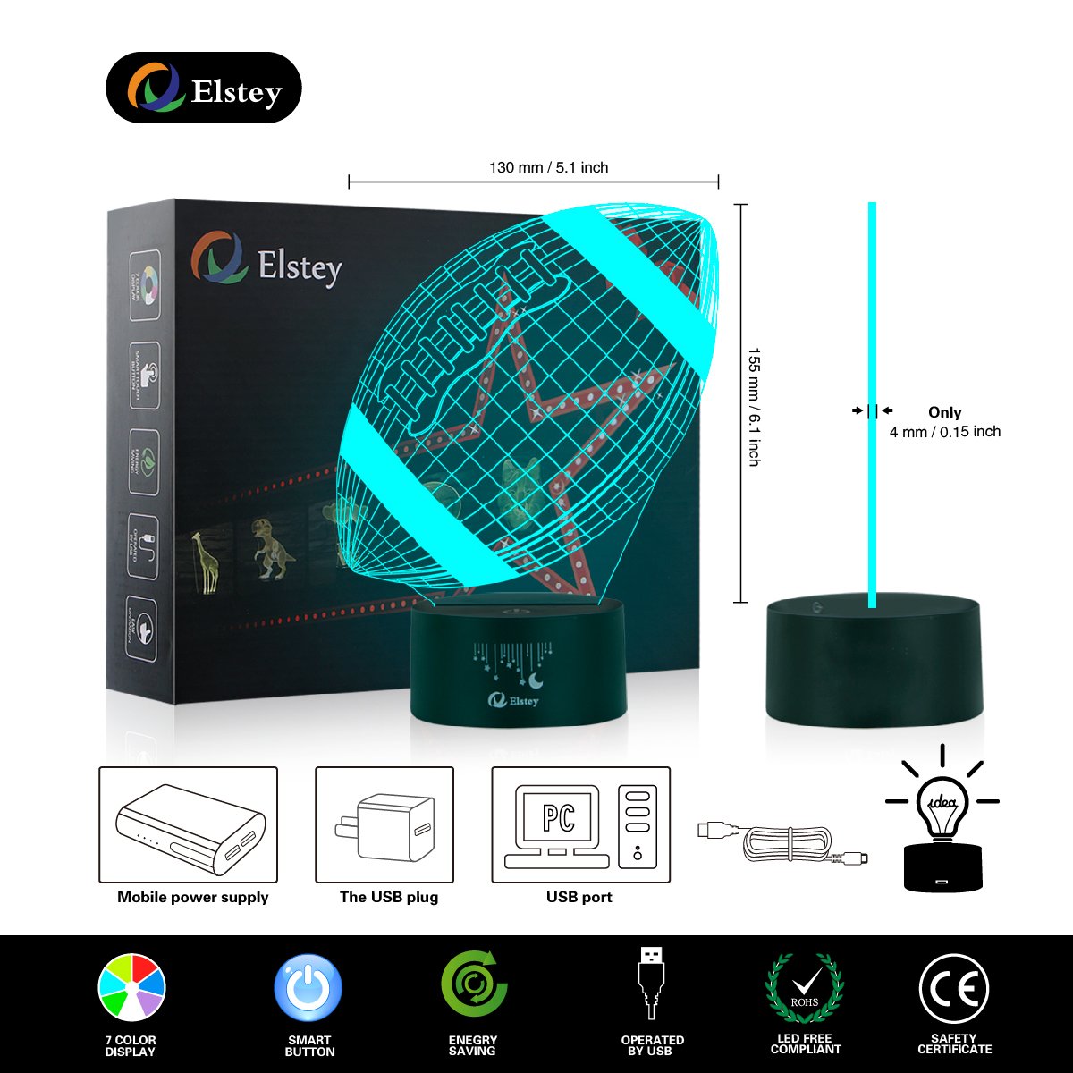 Elstey Football 3D Lamp Night Light, 7 Color Changing, Acrylic & ABS, USB Powered, Decorative Gift