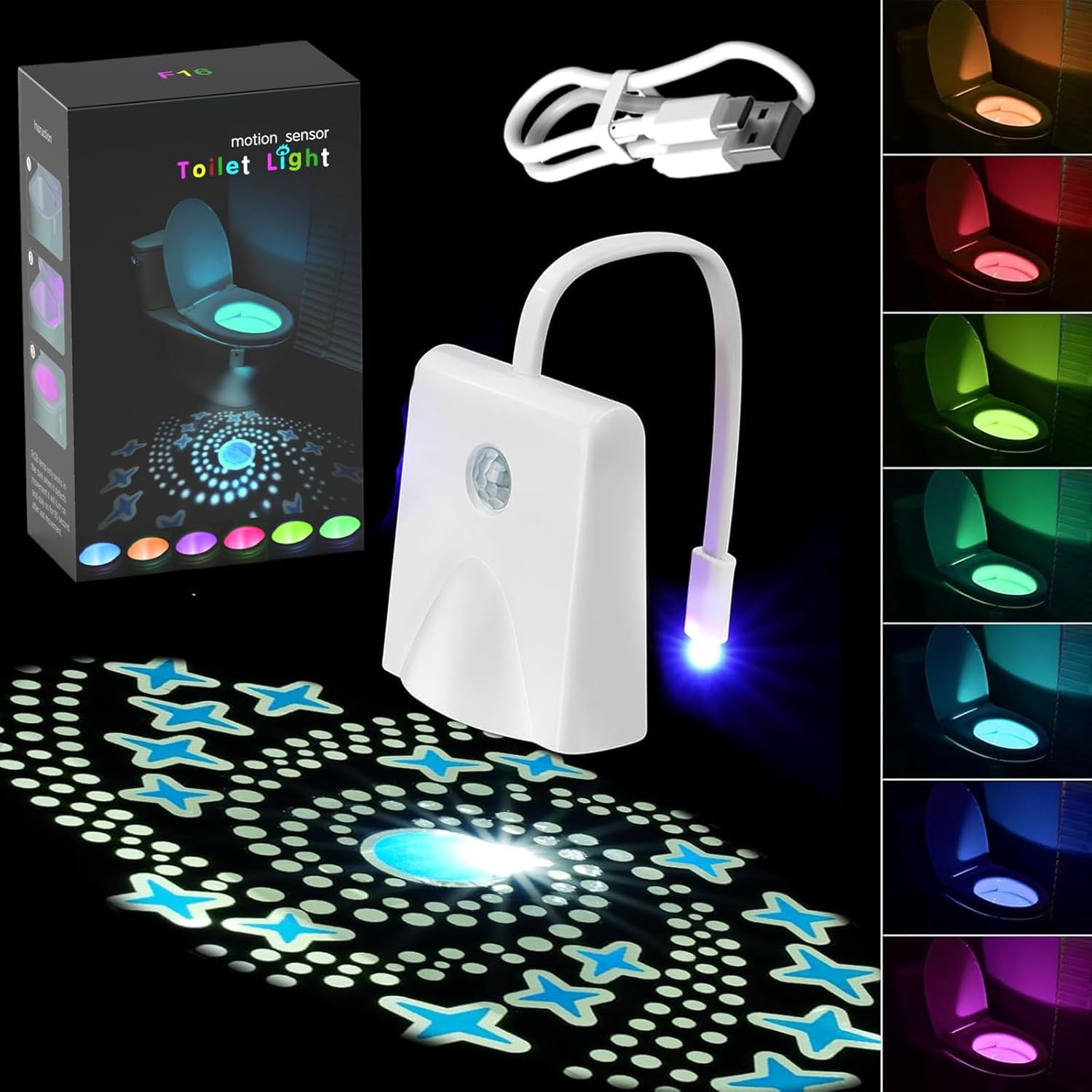 Toilet Light Motion Sensor  16 Colors Changing Rechargable Led Night Light With Star Projection Light  Toilet Bowl Night Light For Bathroom  Funny Gift For Family And Friends (1)