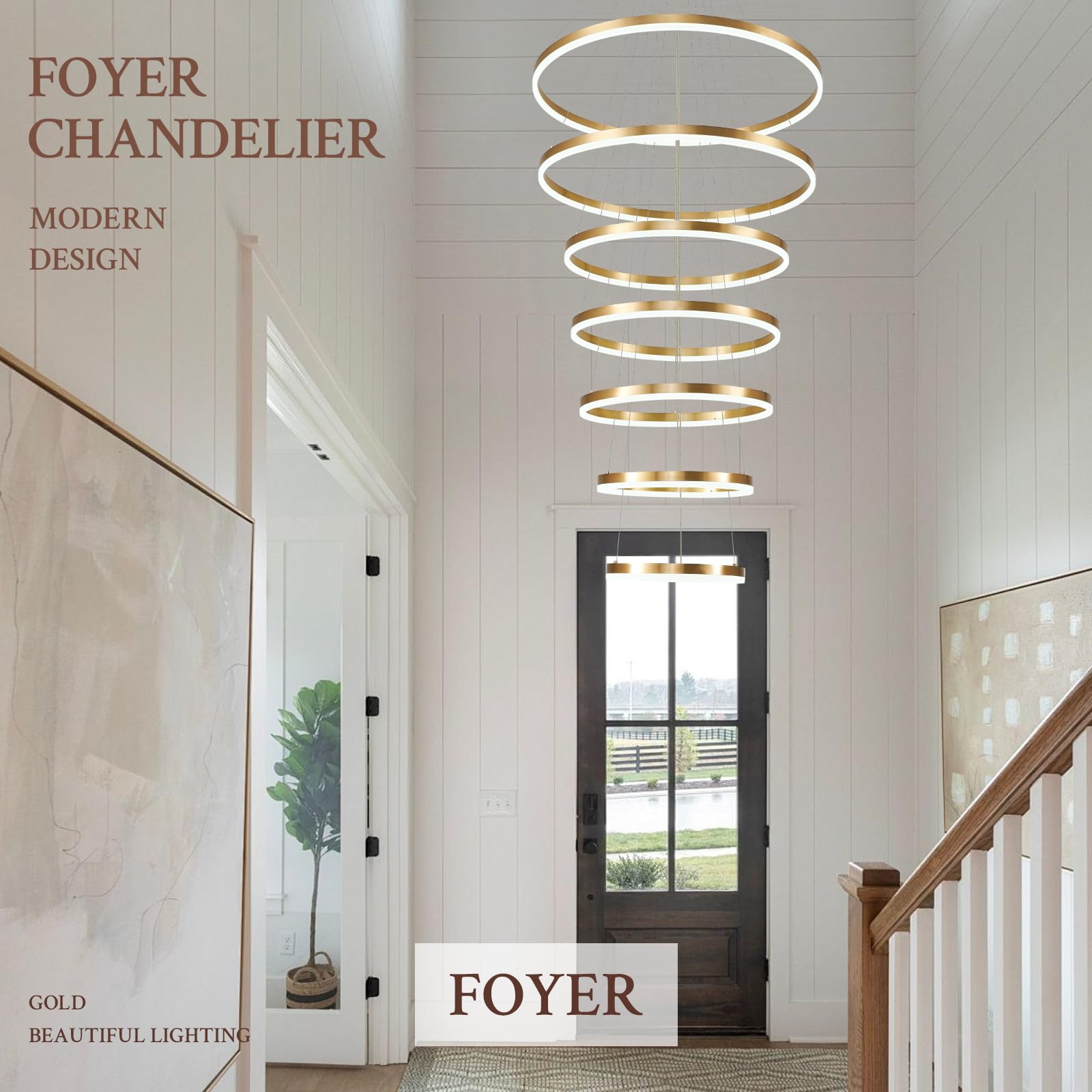Sparklelf Modern LED Chandelier, 7 Rings 31.5in, Gold, Dimmable, Remote Control, 3000K-6500K for Staircase, Entryway,