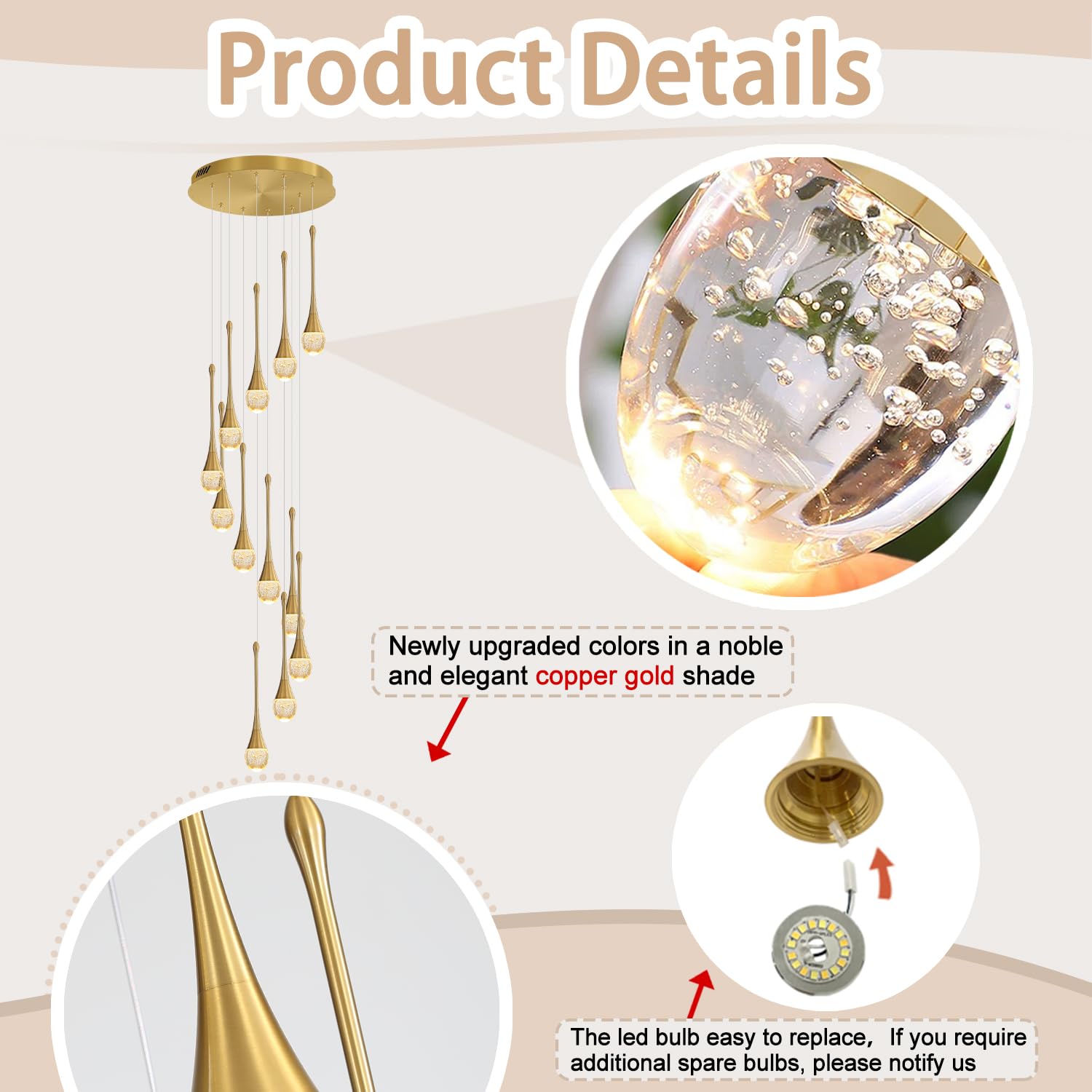 Ykolupty 12-Lights Staircase Chandelier 120In Gold Chandelier For Sloped High Ceiling Raindrop Pendant Chandelier For Living Room Foyer Hallway Villa