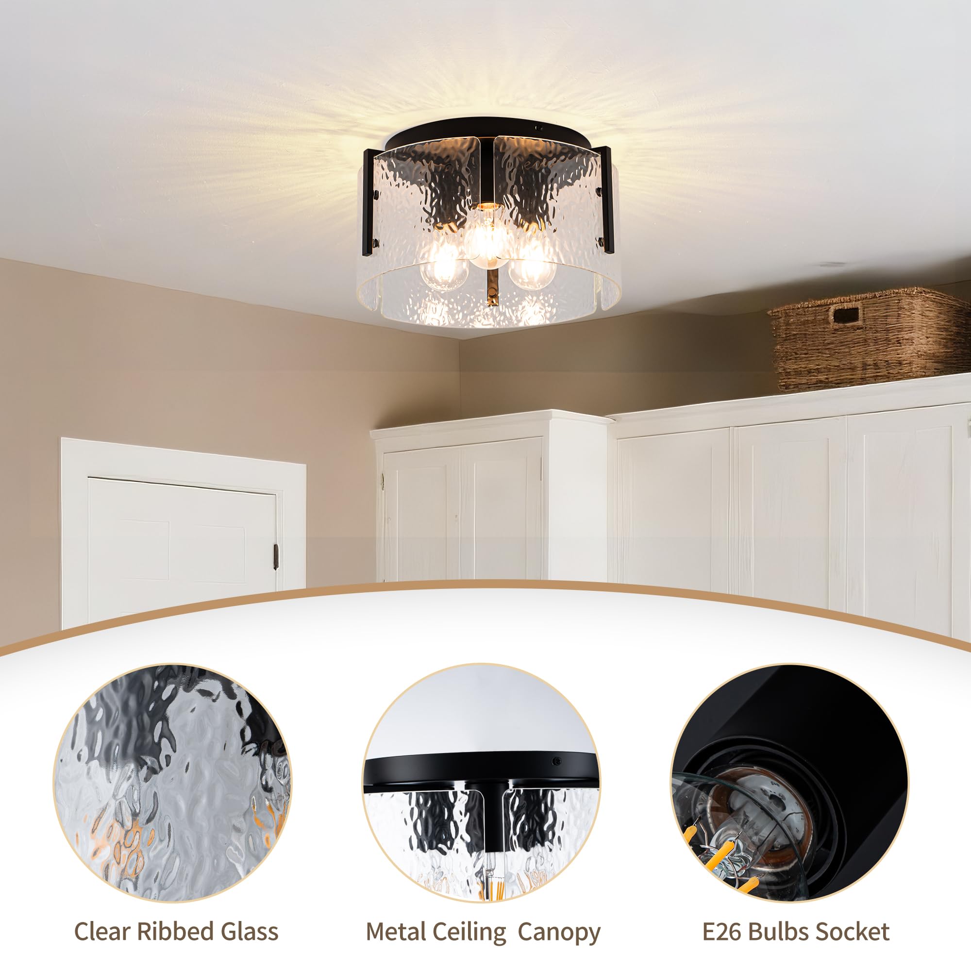 Mayna Modern Black Semi Flush Mount Ceiling Light Fixture, 3-Light Hallway Light Fixtures Ceiling Mount, Dimmable Kitchen Lighti
