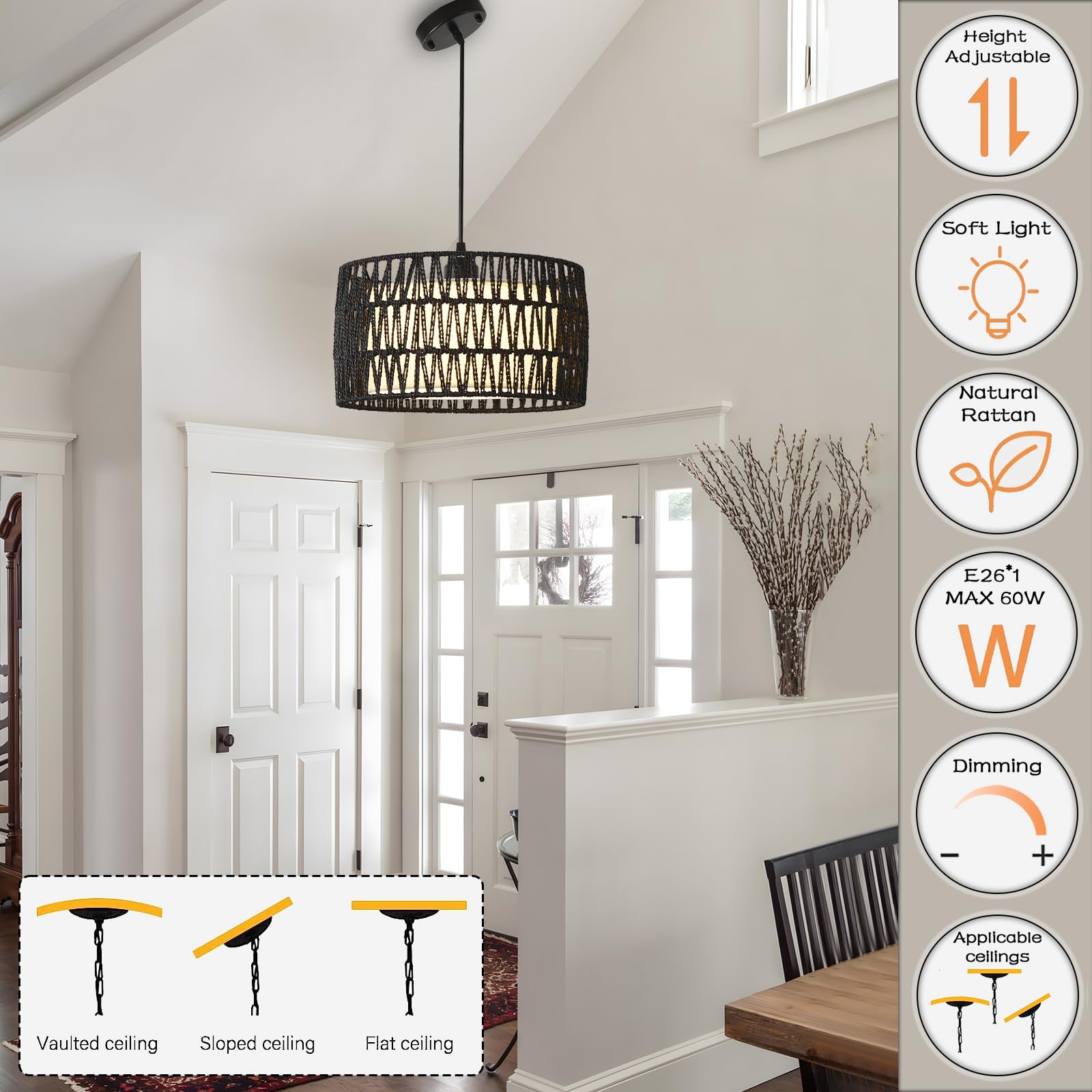 Jtyp Black Rattan Chandelier Light Fixture For Dining Room, 1-Light Farmhouse Pendant Light Hand Woven Chandeliers Boho Wicker P