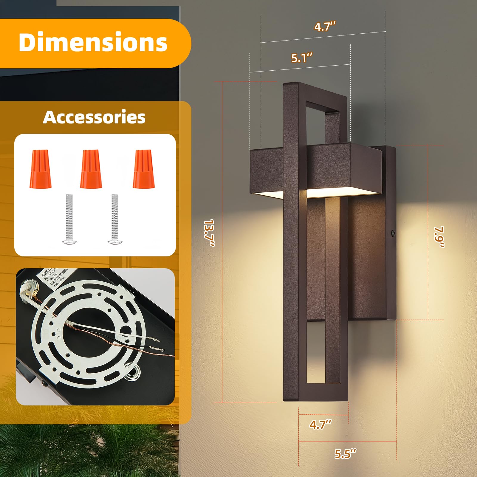 tewei LED Outdoor Wall Sconce, 13.7'' Metal Exterior Light, Warm White 3000K, Brown, No Sensor, 1 Pack