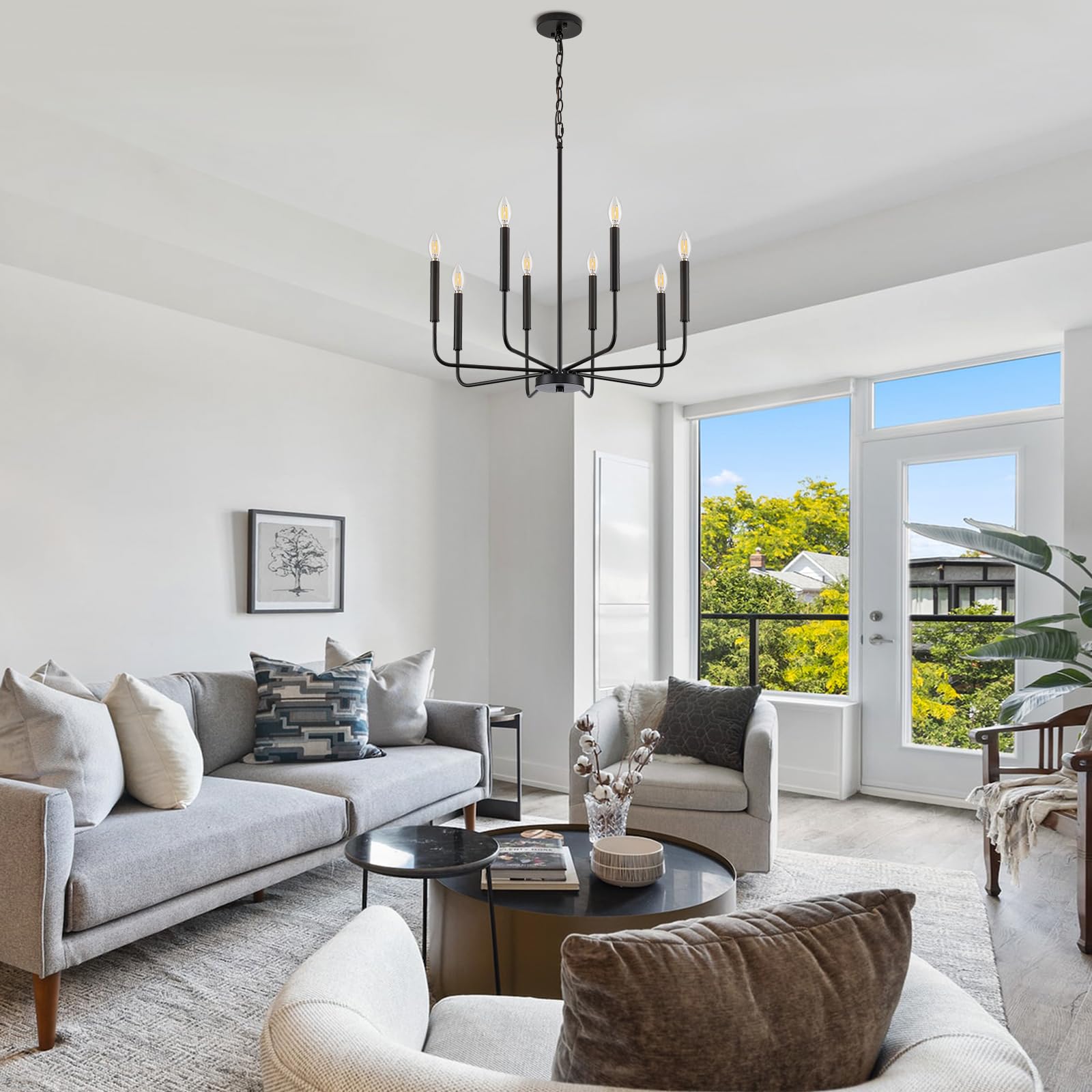 Onesming Modern Black Chandelier For Dining Room,Metal 8-Light Kitchen Light Fixtures, Farmhouse Candle Hanging Pendant Light For Living Room Entryway Foyer Bedroom (Bulbs Not Included)