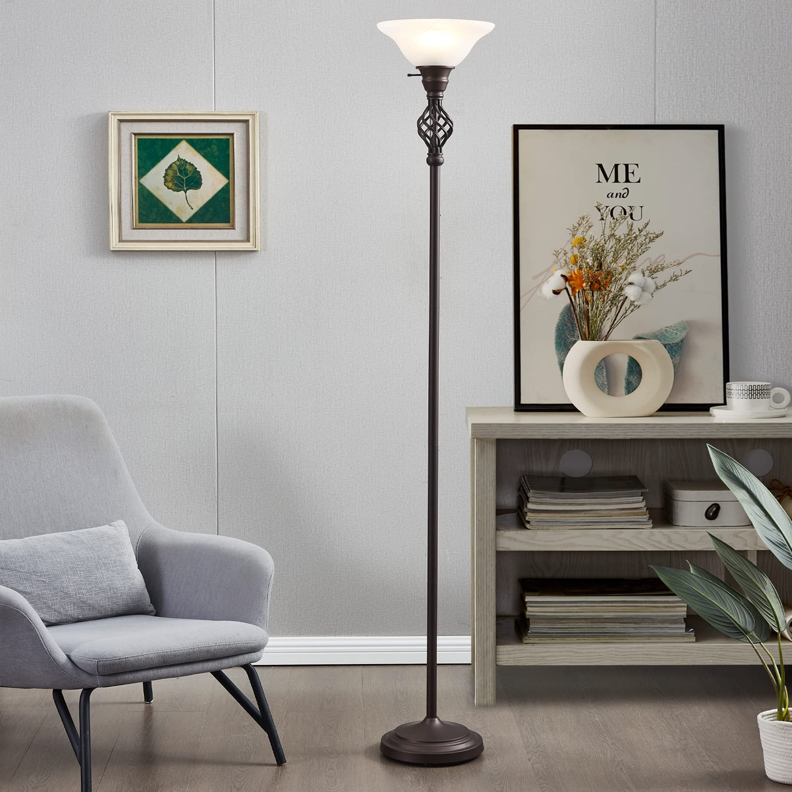 GyroVu Torchiere Floor Lamp - LED Reading Light with Glass Shade, 2 Heads, Yellow Lampshade, Model 5508